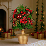 Christabelle 36cm Christmas Tabletop Topiary Tree Pre-Decorated Berries, Baubles & Pine Cones Gold Pot V240-112_GUE504