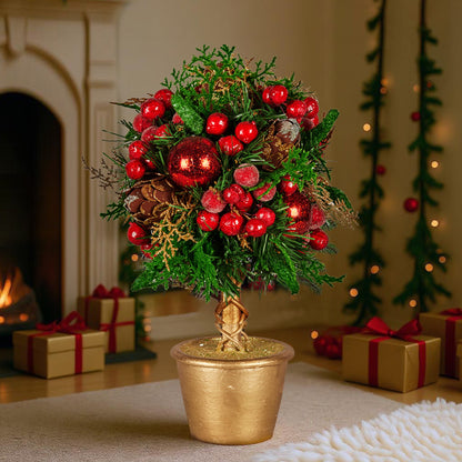 Christabelle 36cm Christmas Tabletop Topiary Tree Pre-Decorated Berries, Baubles & Pine Cones Gold Pot V240-112_GUE504