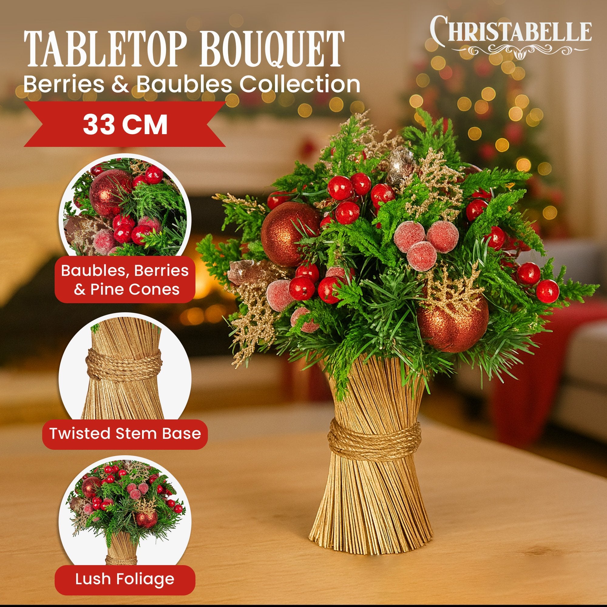 Christabelle 33cm Christmas Bouquet Pre-Decorated Holiday Floral Arrangement with Berries, Baubles & Pine V240-112_GUE507