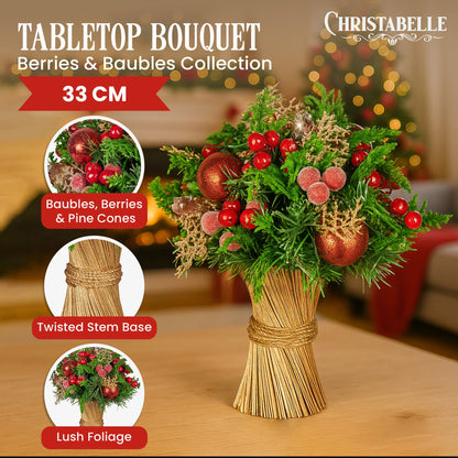 Christabelle 33cm Christmas Bouquet Pre-Decorated Holiday Floral Arrangement with Berries, Baubles & Pine V240-112_GUE507