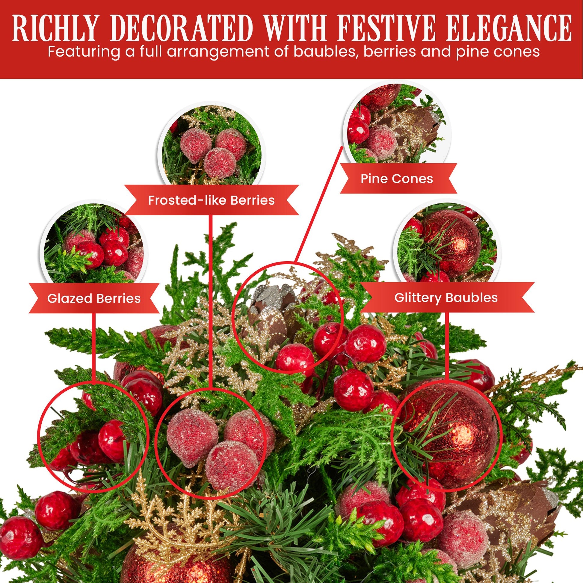 Christabelle 33cm Christmas Bouquet Pre-Decorated Holiday Floral Arrangement with Berries, Baubles & Pine V240-112_GUE507