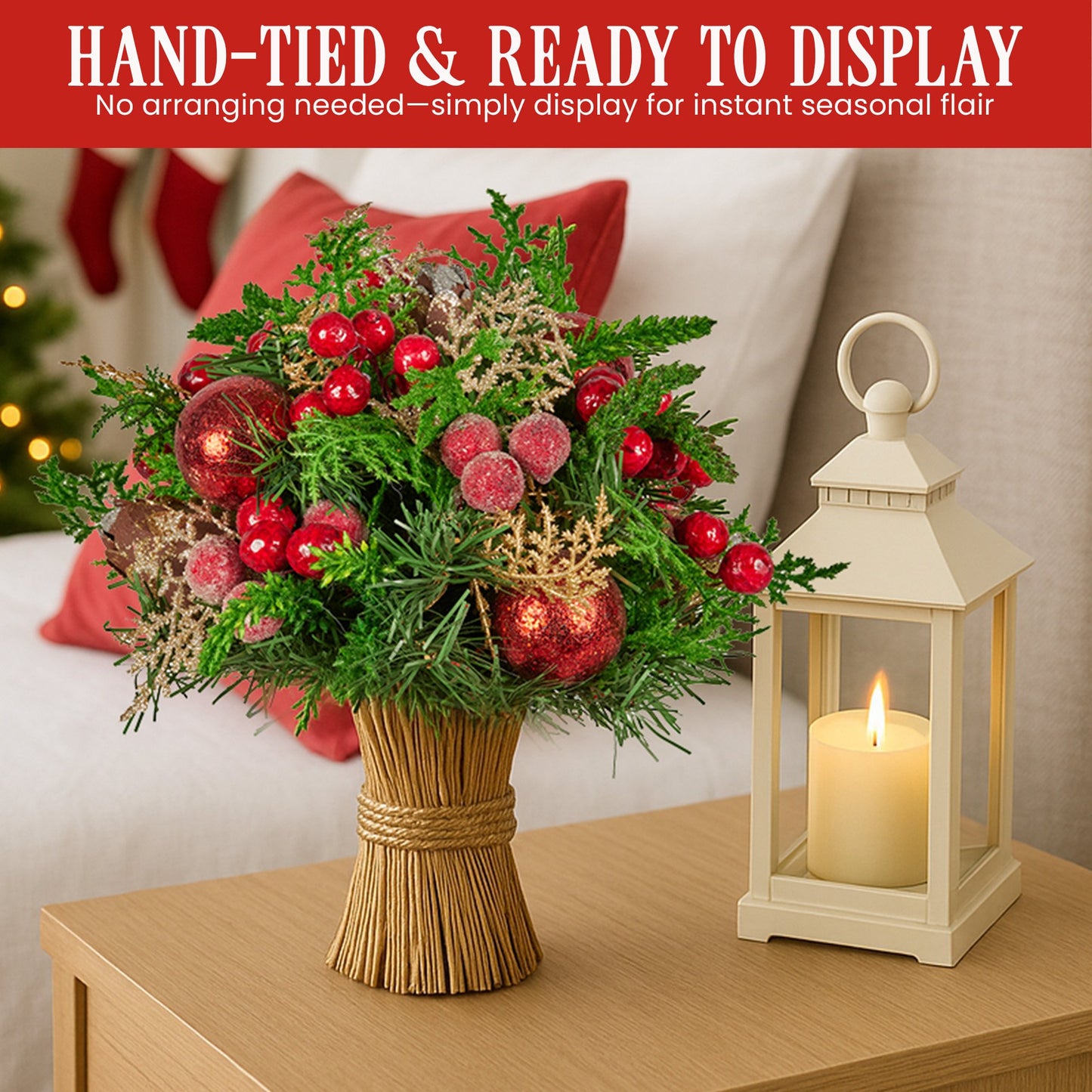Christabelle 33cm Christmas Bouquet Pre-Decorated Holiday Floral Arrangement with Berries, Baubles & Pine V240-112_GUE507