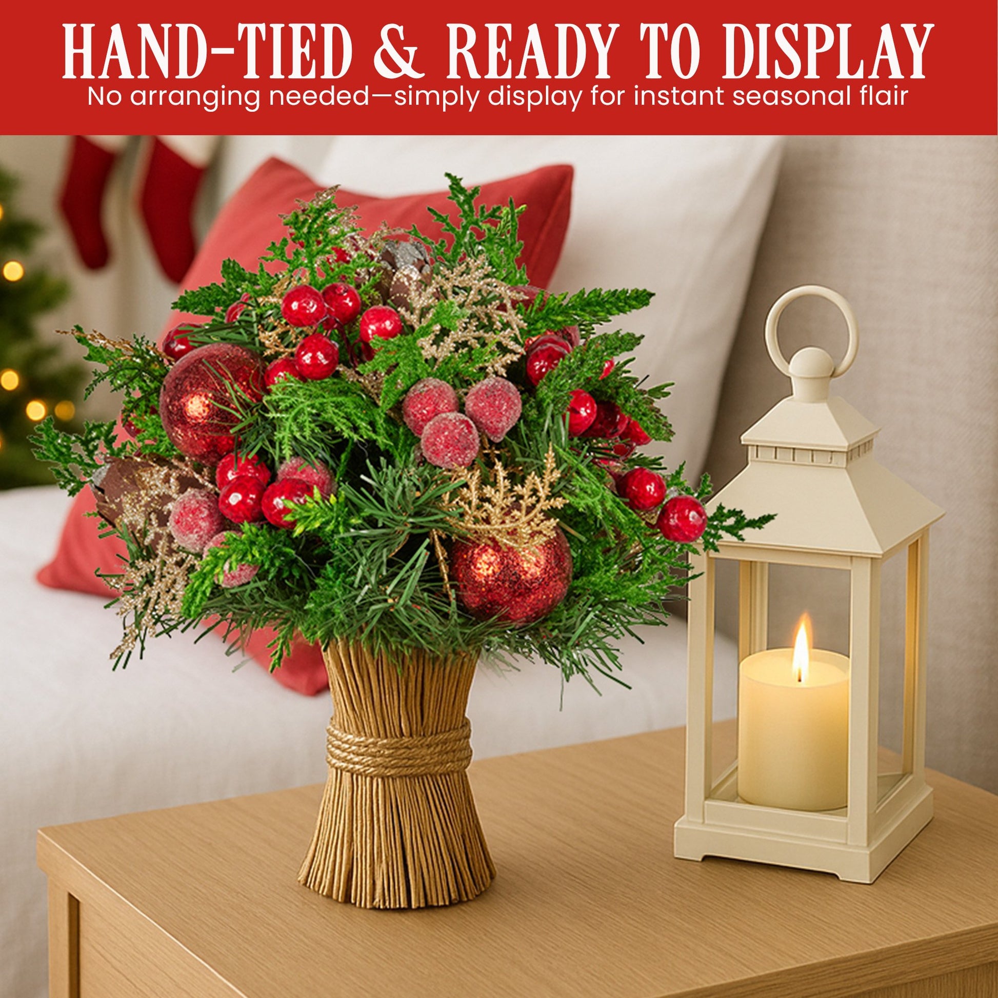 Christabelle 33cm Christmas Bouquet Pre-Decorated Holiday Floral Arrangement with Berries, Baubles & Pine V240-112_GUE507