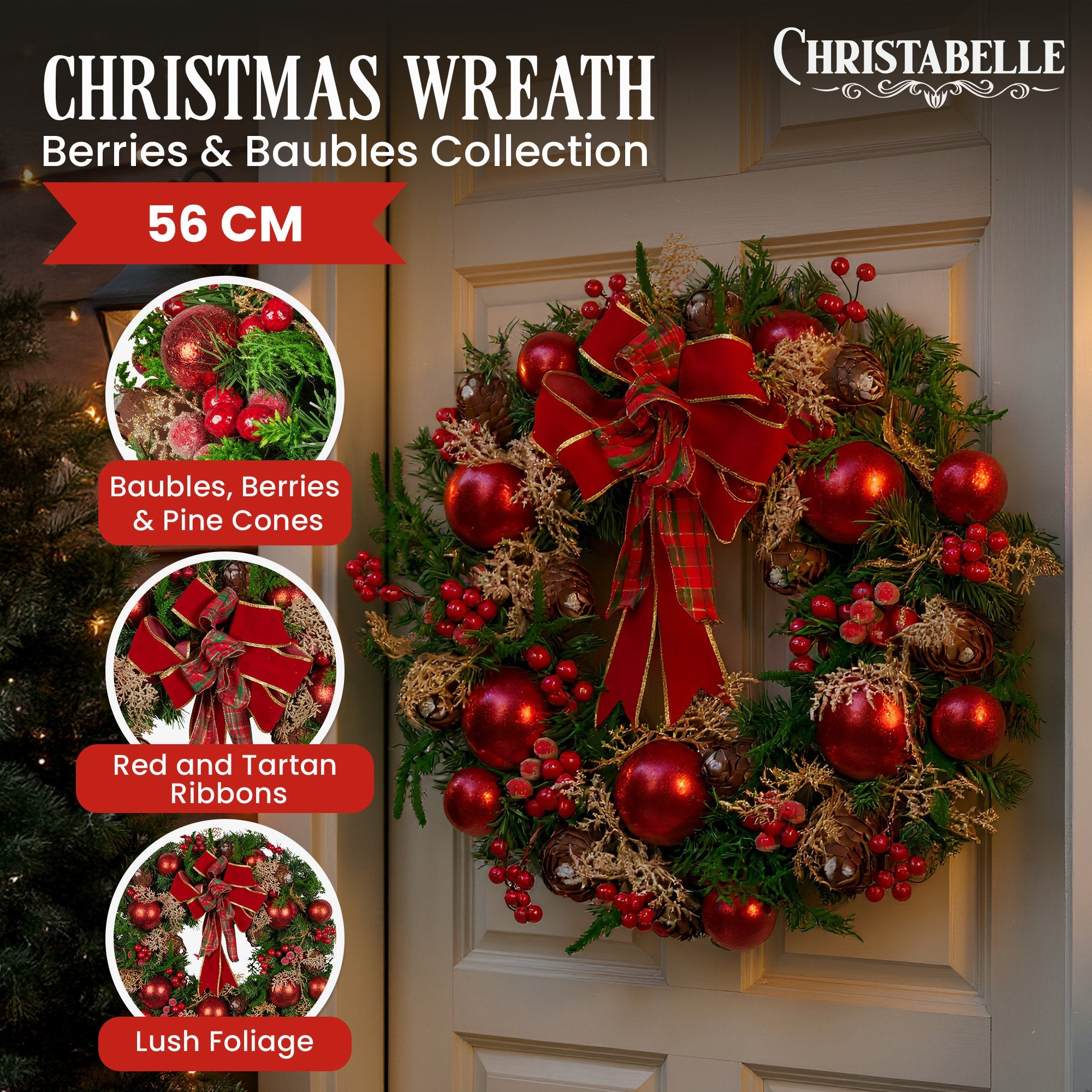 Christabelle 56cm Christmas Wreath Lush Green Holiday Door Wreath with Red Berries, Baubles & Pine Cones V240-112_GUE508