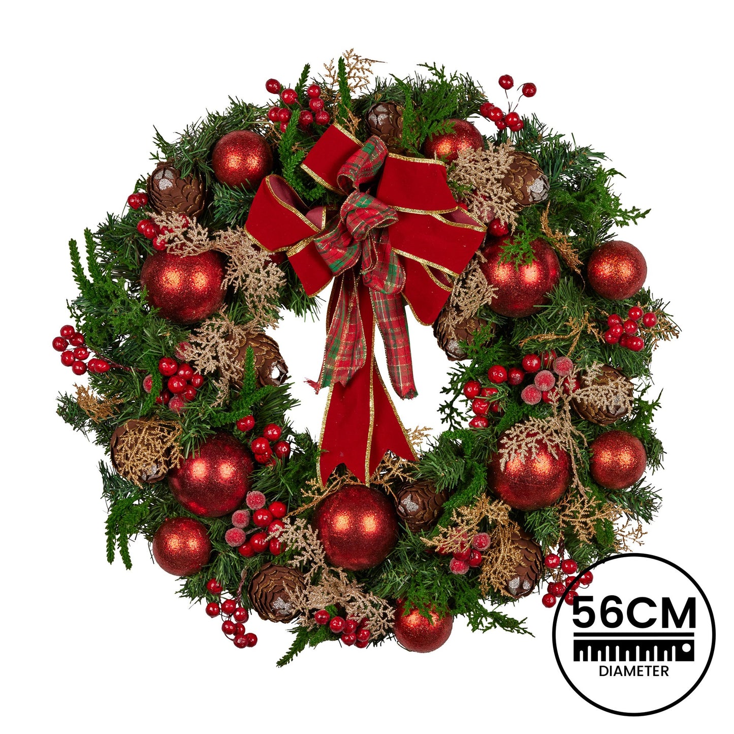 Christabelle 56cm Christmas Wreath Lush Green Holiday Door Wreath with Red Berries, Baubles & Pine Cones V240-112_GUE508