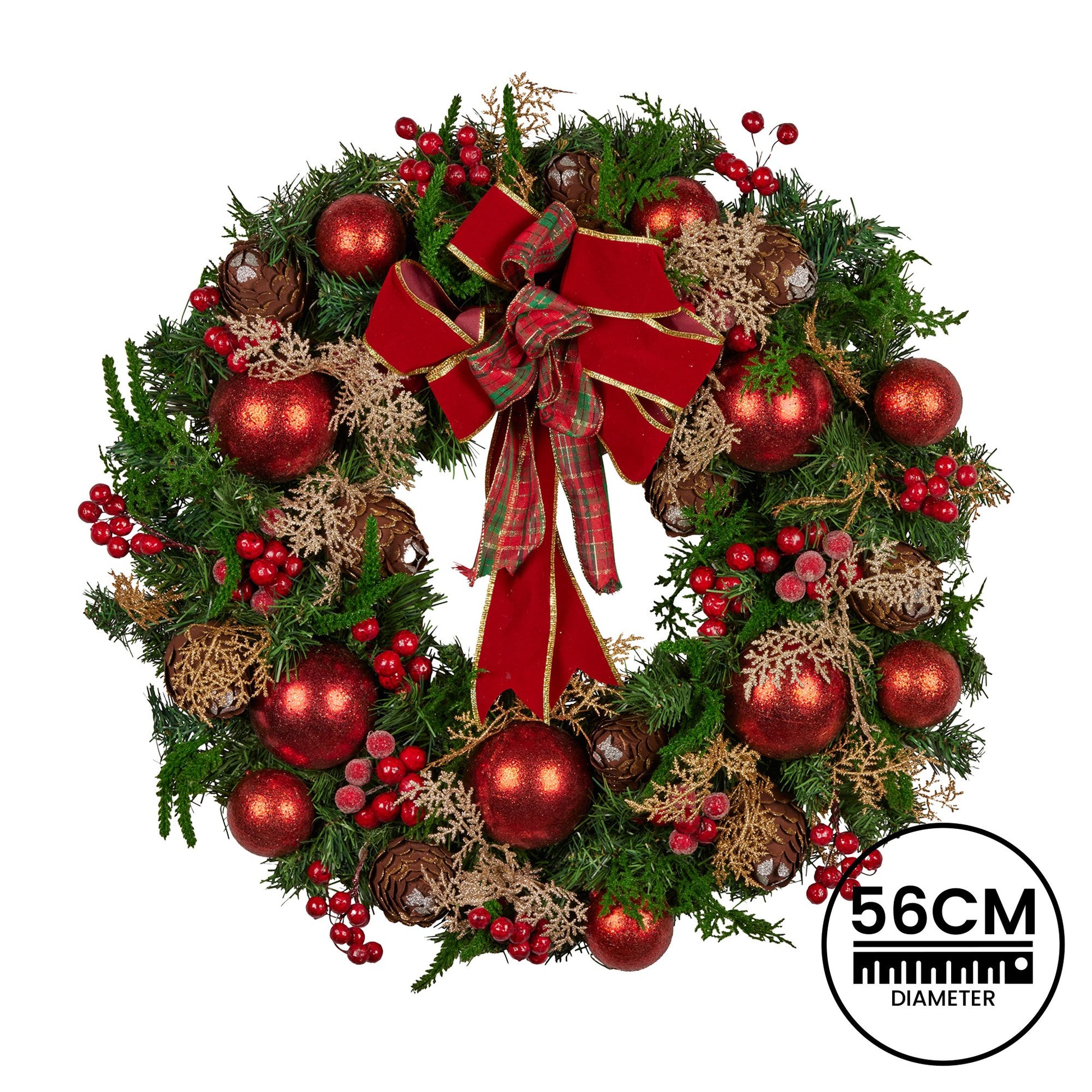 Christabelle 56cm Christmas Wreath Lush Green Holiday Door Wreath with Red Berries, Baubles & Pine Cones V240-112_GUE508