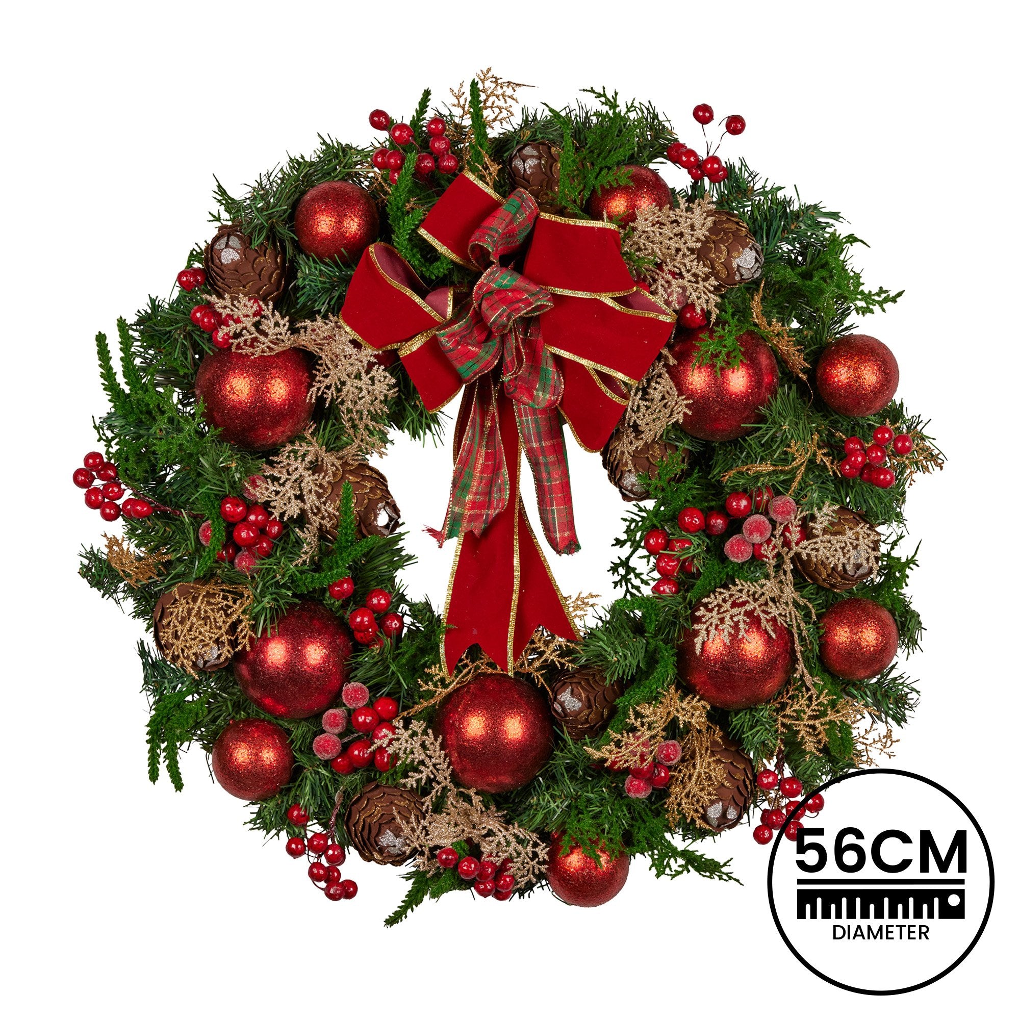 Christabelle 56cm Christmas Wreath Lush Green Holiday Door Wreath with Red Berries, Baubles & Pine Cones V240-112_GUE508