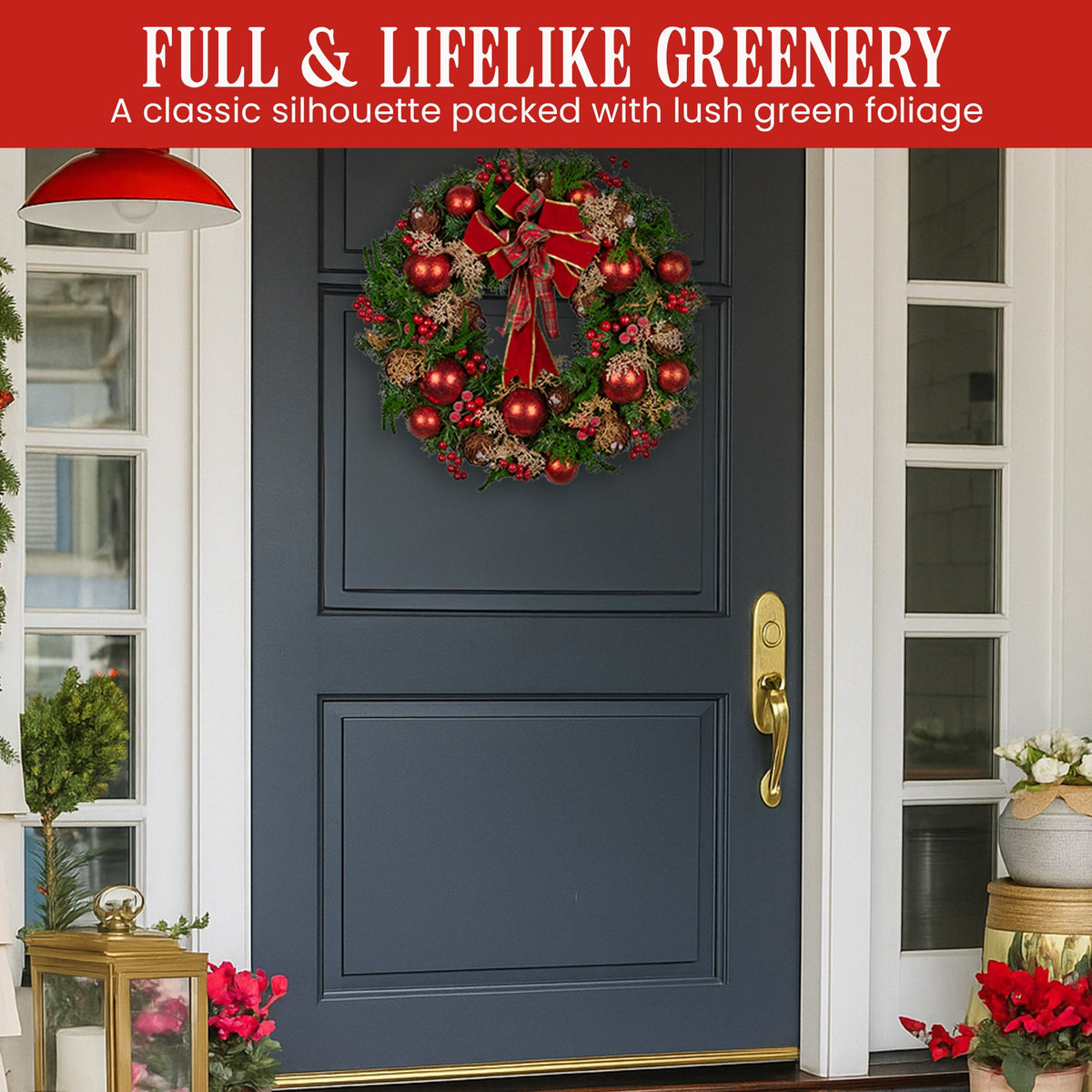 Christabelle 56cm Christmas Wreath Lush Green Holiday Door Wreath with Red Berries, Baubles & Pine Cones V240-112_GUE508