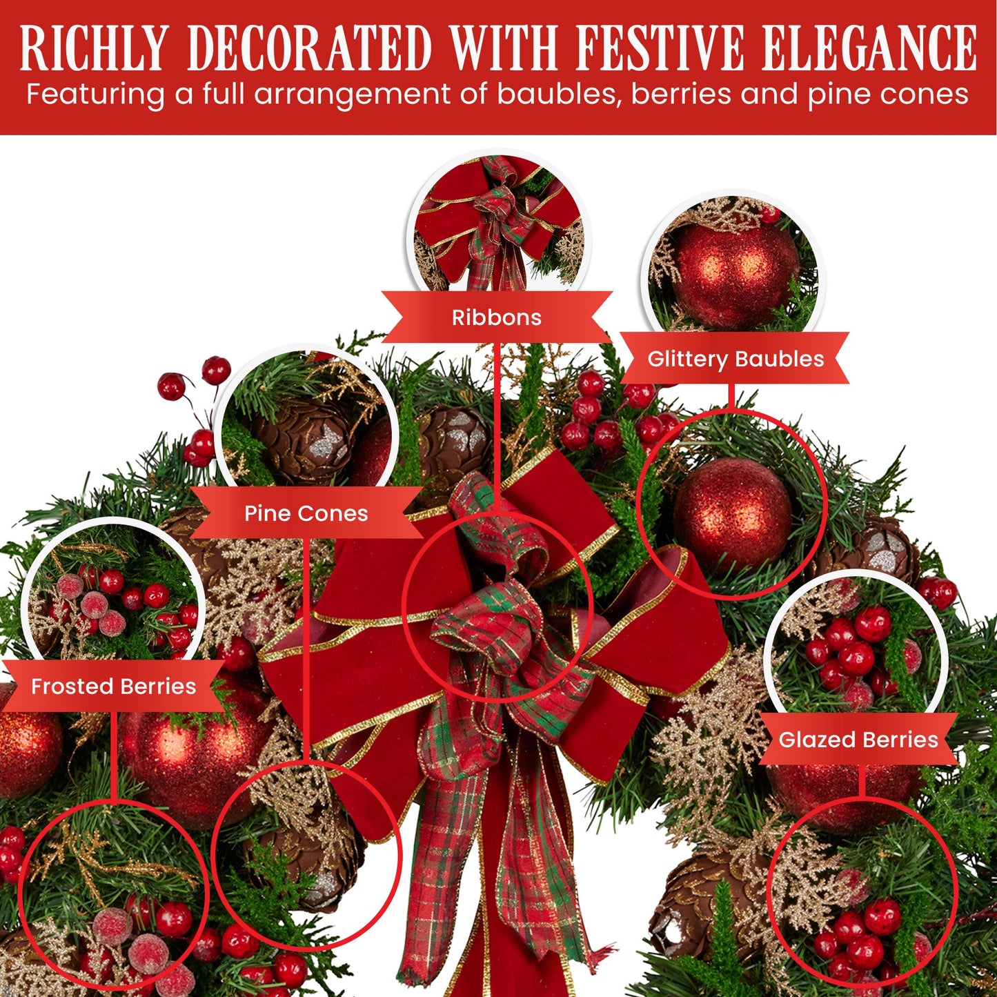 Christabelle 56cm Christmas Wreath Lush Green Holiday Door Wreath with Red Berries, Baubles & Pine Cones V240-112_GUE508