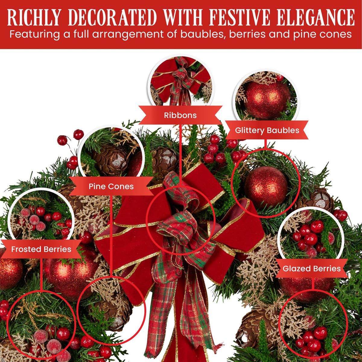 Christabelle 56cm Christmas Wreath Lush Green Holiday Door Wreath with Red Berries, Baubles & Pine Cones V240-112_GUE508