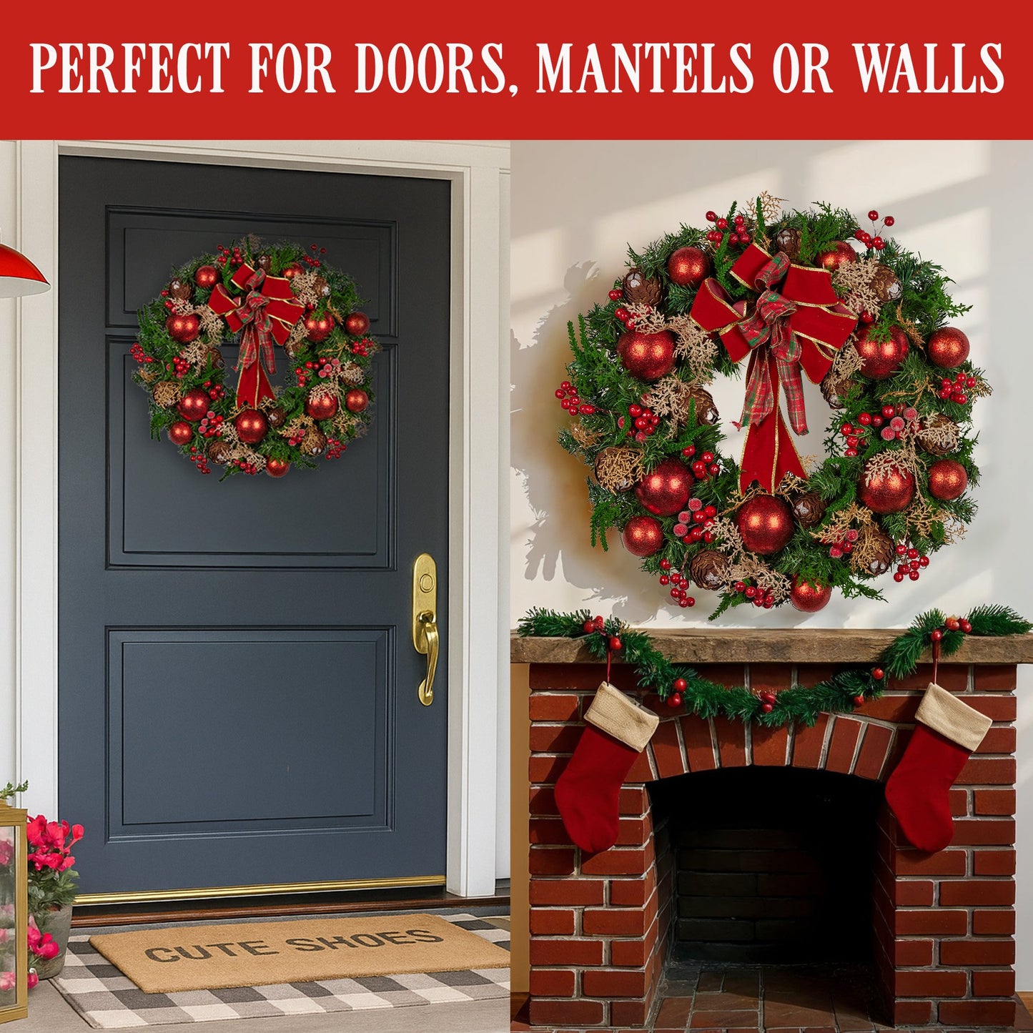 Christabelle 56cm Christmas Wreath Lush Green Holiday Door Wreath with Red Berries, Baubles & Pine Cones V240-112_GUE508