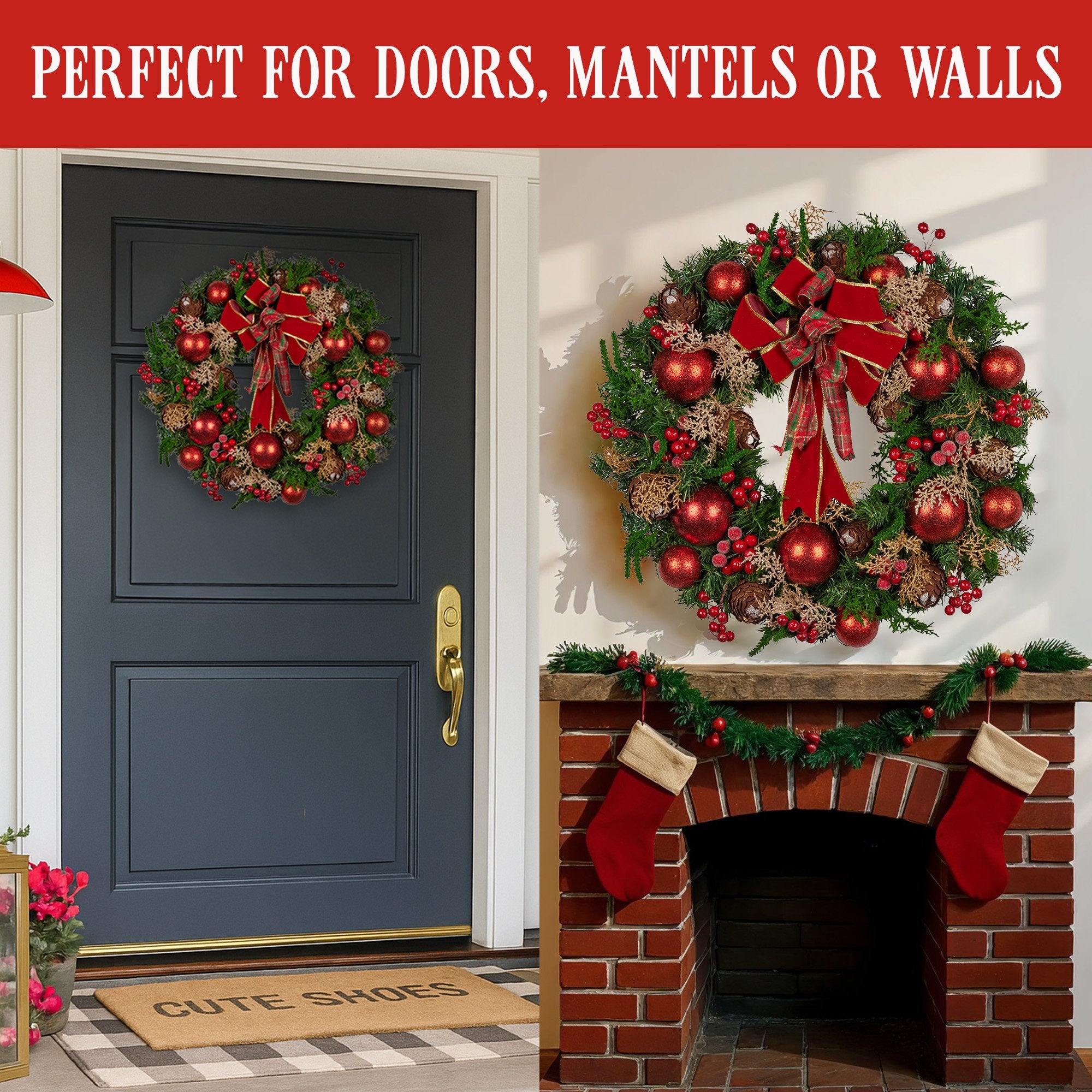 Christabelle 56cm Christmas Wreath Lush Green Holiday Door Wreath with Red Berries, Baubles & Pine Cones V240-112_GUE508