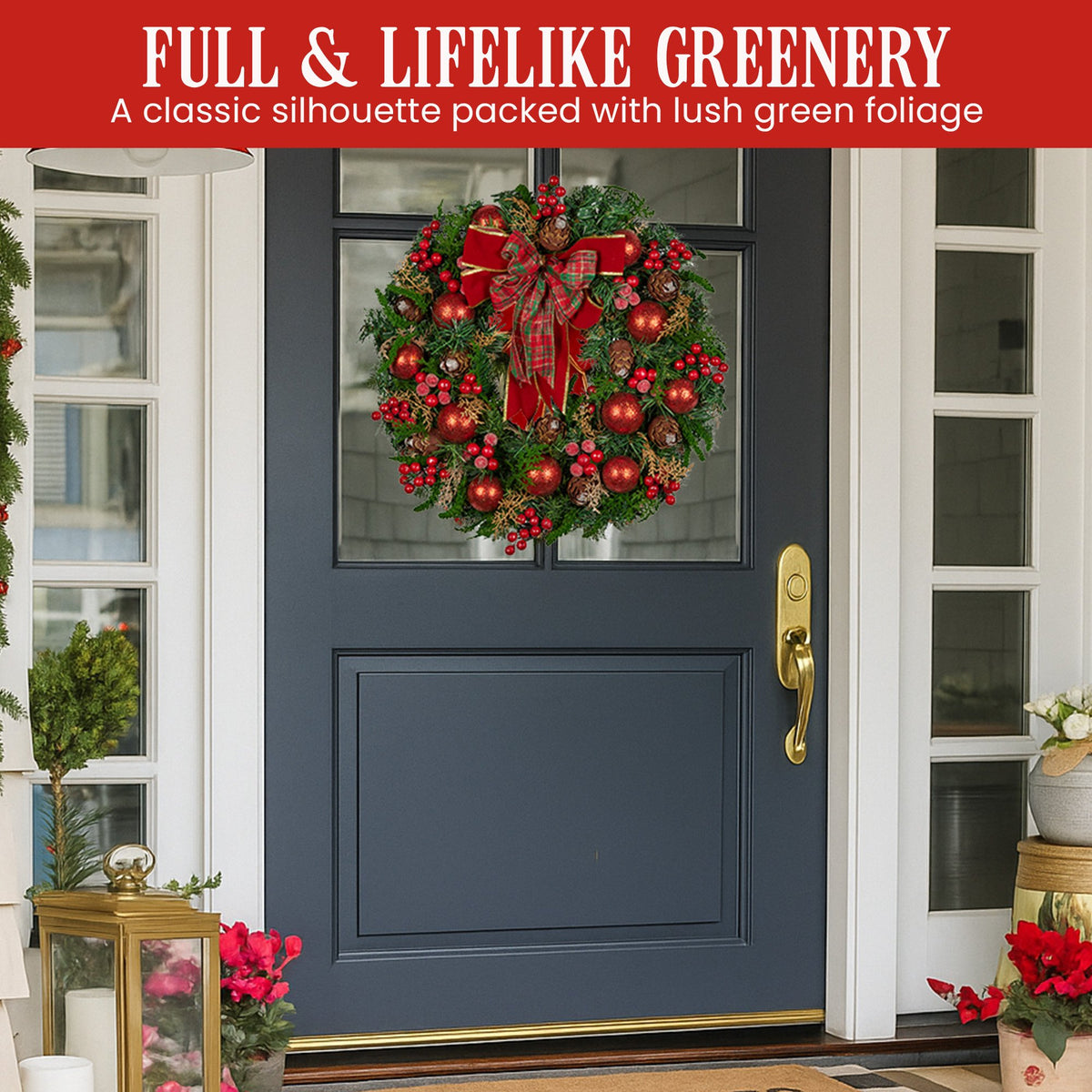 Christabelle Stunning 71cm Christmas Wreath Lush Red Baubles Berries Pine Cones and Bow Front Door Decoration V240-112_GUE509