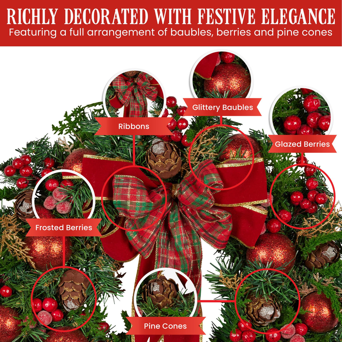 Christabelle Stunning 71cm Christmas Wreath Lush Red Baubles Berries Pine Cones and Bow Front Door Decoration V240-112_GUE509
