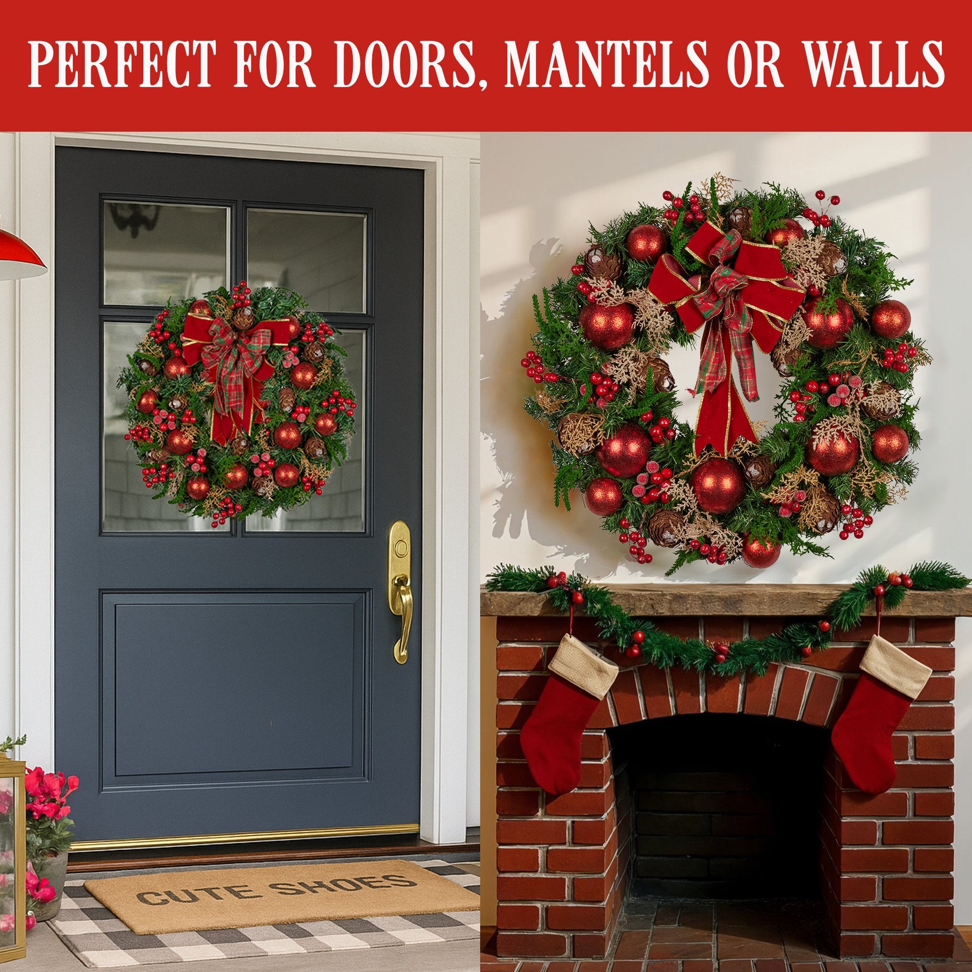 Christabelle Stunning 71cm Christmas Wreath Lush Red Baubles Berries Pine Cones and Bow Front Door Decoration V240-112_GUE509
