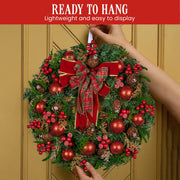 Christabelle Stunning 71cm Christmas Wreath Lush Red Baubles Berries Pine Cones and Bow Front Door Decoration V240-112_GUE509