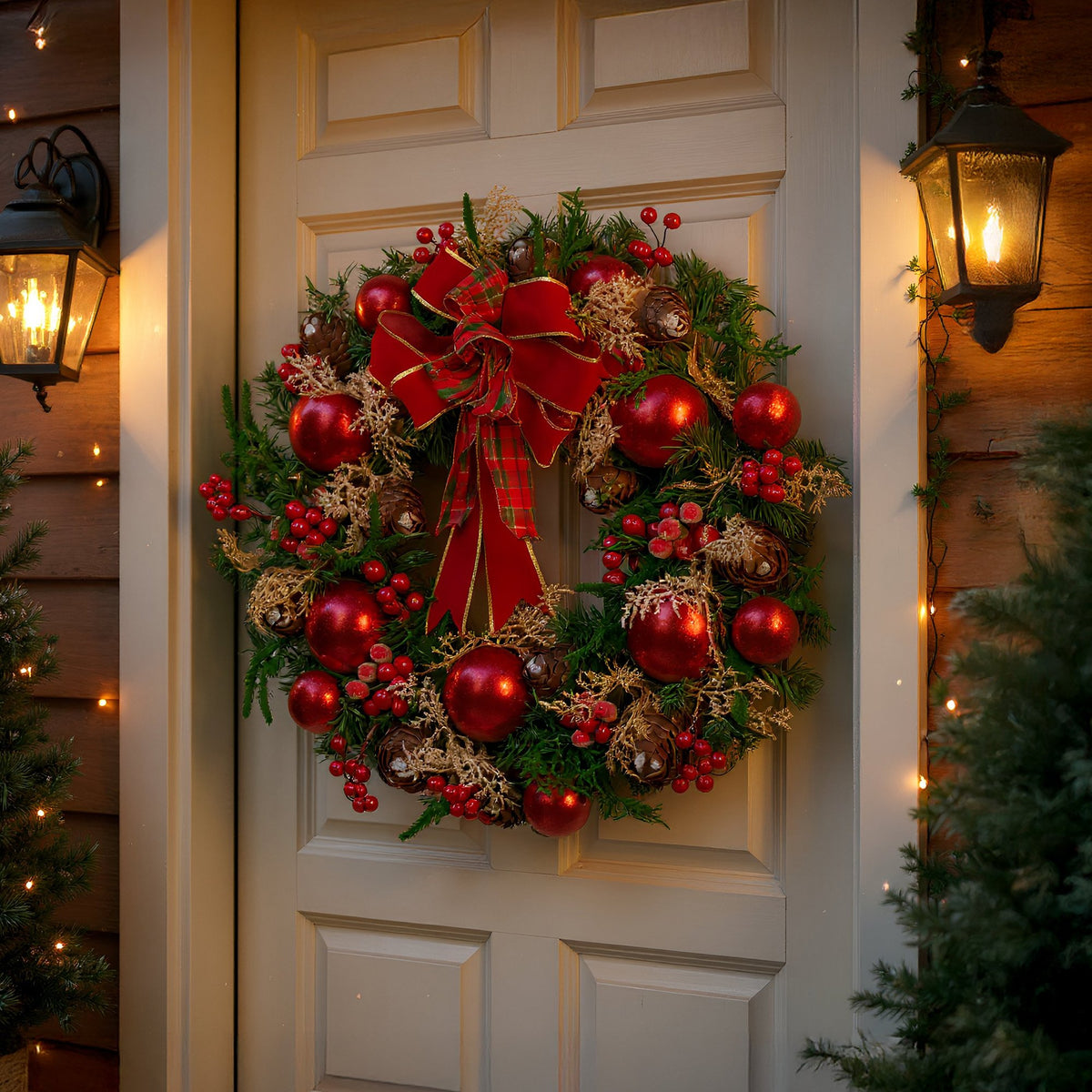 Christabelle Stunning 71cm Christmas Wreath Lush Red Baubles Berries Pine Cones and Bow Front Door Decoration V240-112_GUE509