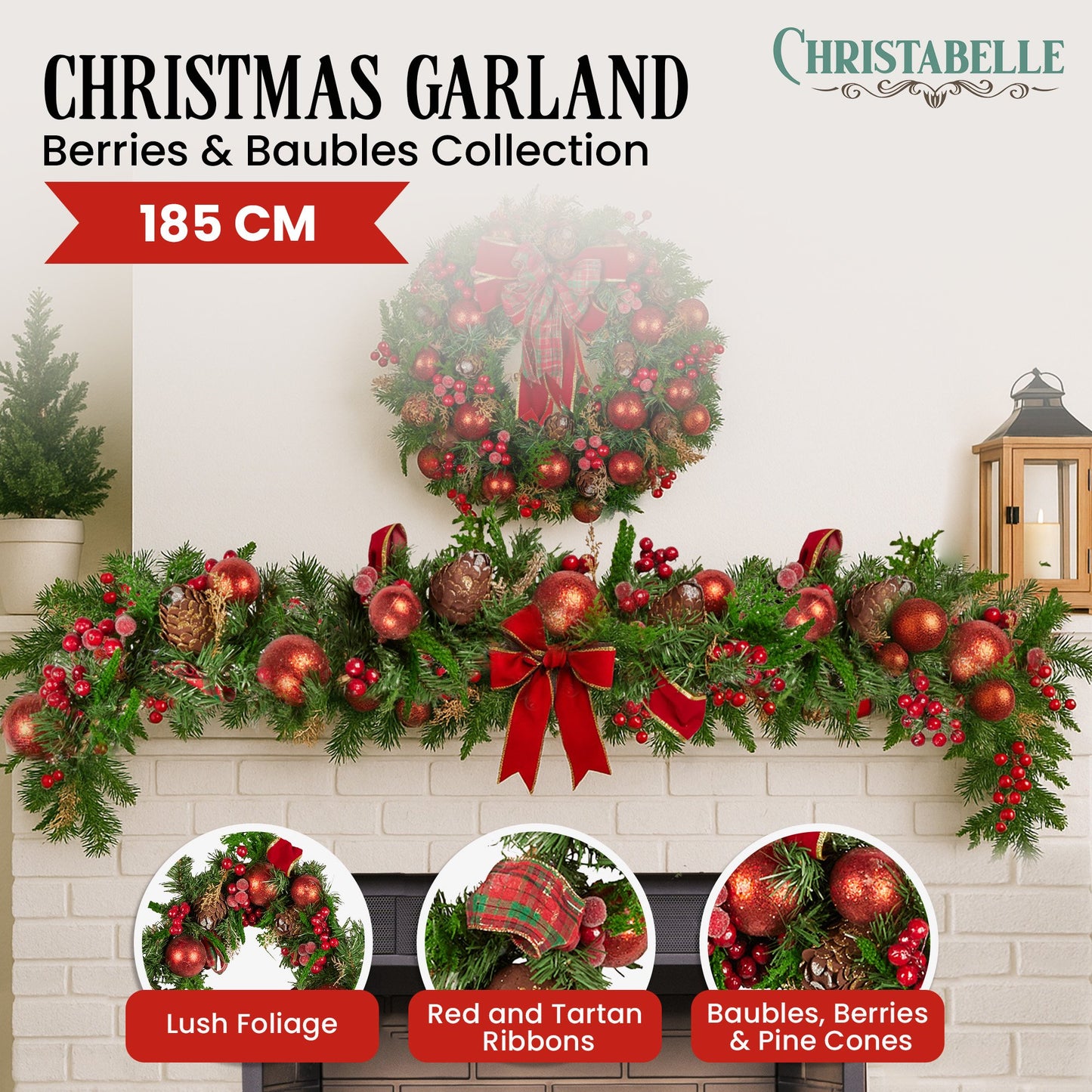 Christabelle 1.85m Christmas Garland with Red Berries Pine Cones Baubles Bows Tree Decoration Ornament V240-112_GUE511