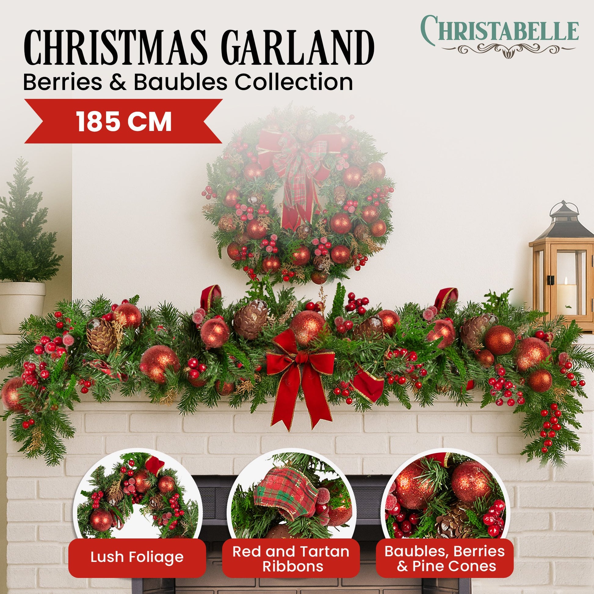 Christabelle 1.85m Christmas Garland with Red Berries Pine Cones Baubles Bows Tree Decoration Ornament V240-112_GUE511
