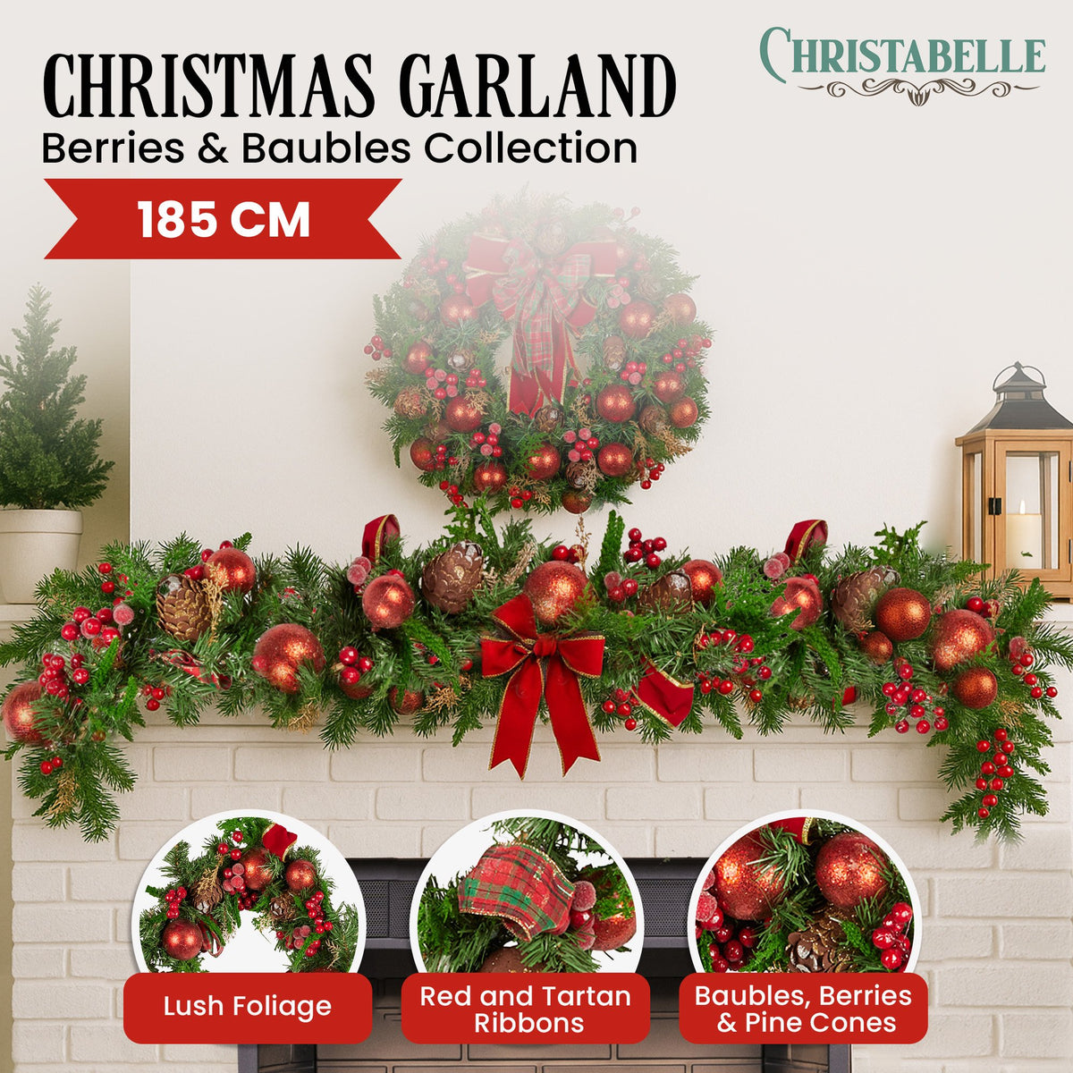 Christabelle 1.85m Christmas Garland with Red Berries Pine Cones Baubles Bows Tree Decoration Ornament V240-112_GUE511