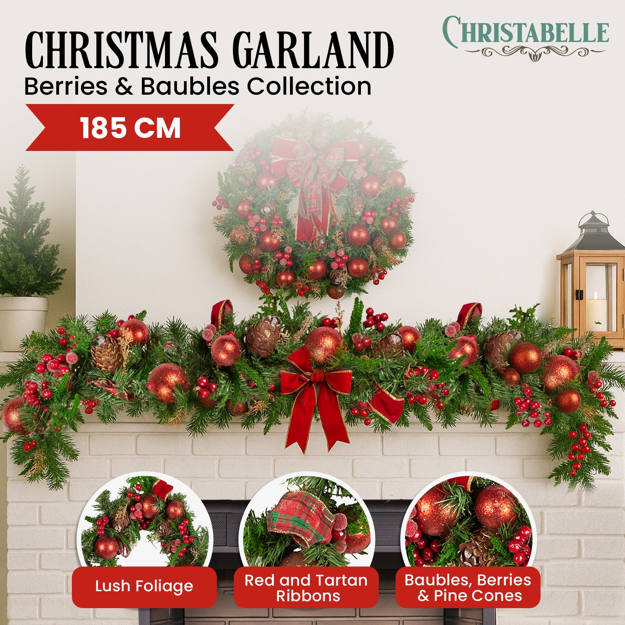 Christabelle 1.85m Christmas Garland with Red Berries Pine Cones Baubles Bows Tree Decoration Ornament V240-112_GUE511