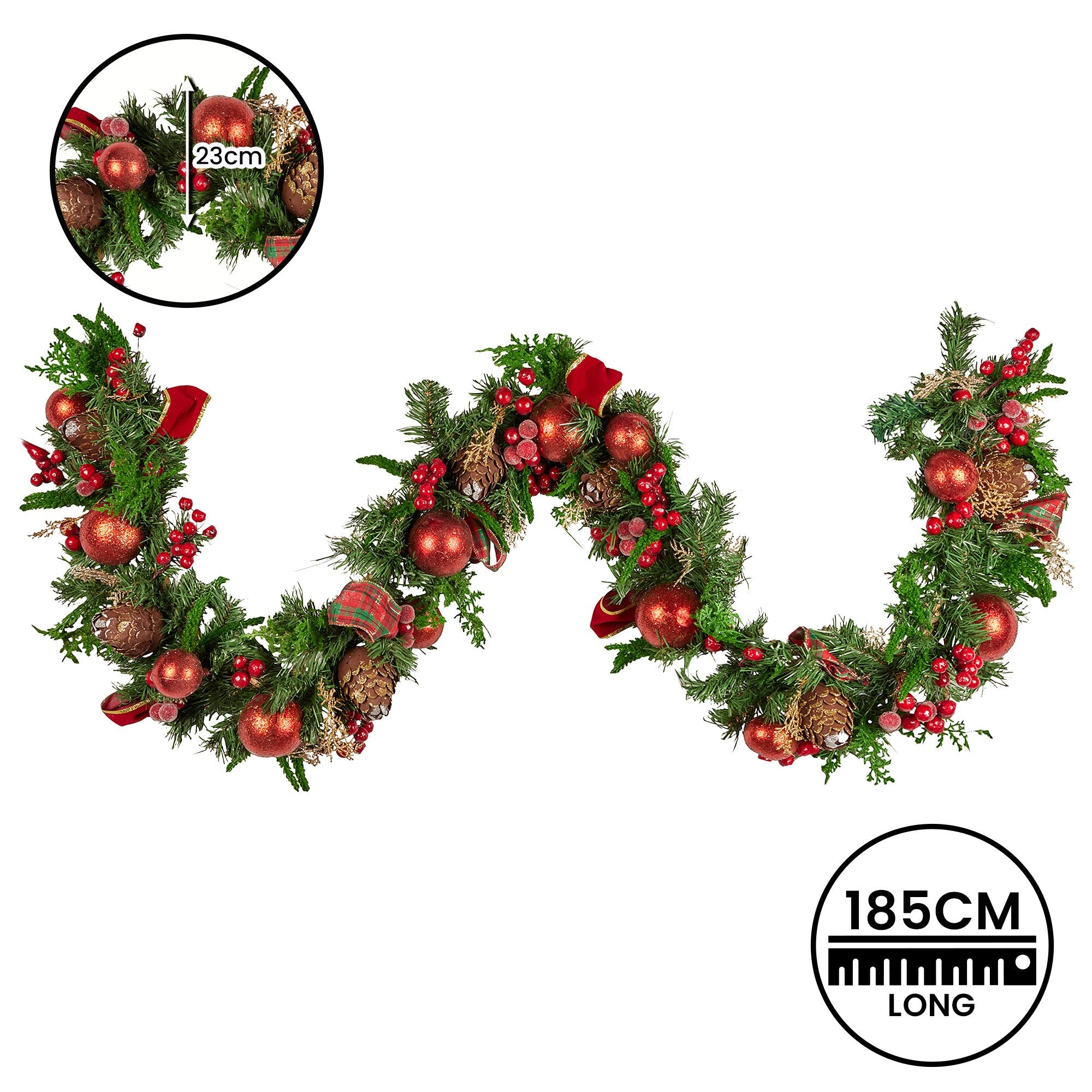 Christabelle 1.85m Christmas Garland with Red Berries Pine Cones Baubles Bows Tree Decoration Ornament V240-112_GUE511