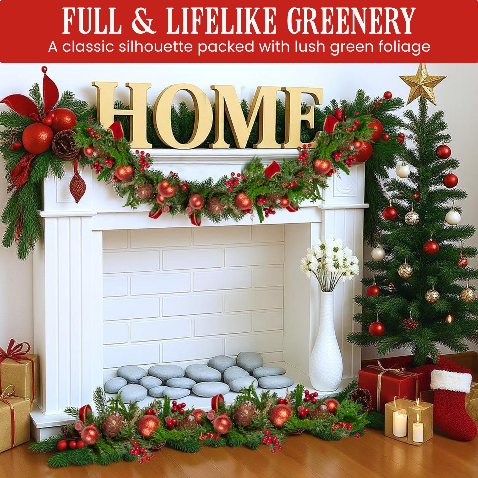 Christabelle 1.85m Christmas Garland with Red Berries Pine Cones Baubles Bows Tree Decoration Ornament V240-112_GUE511
