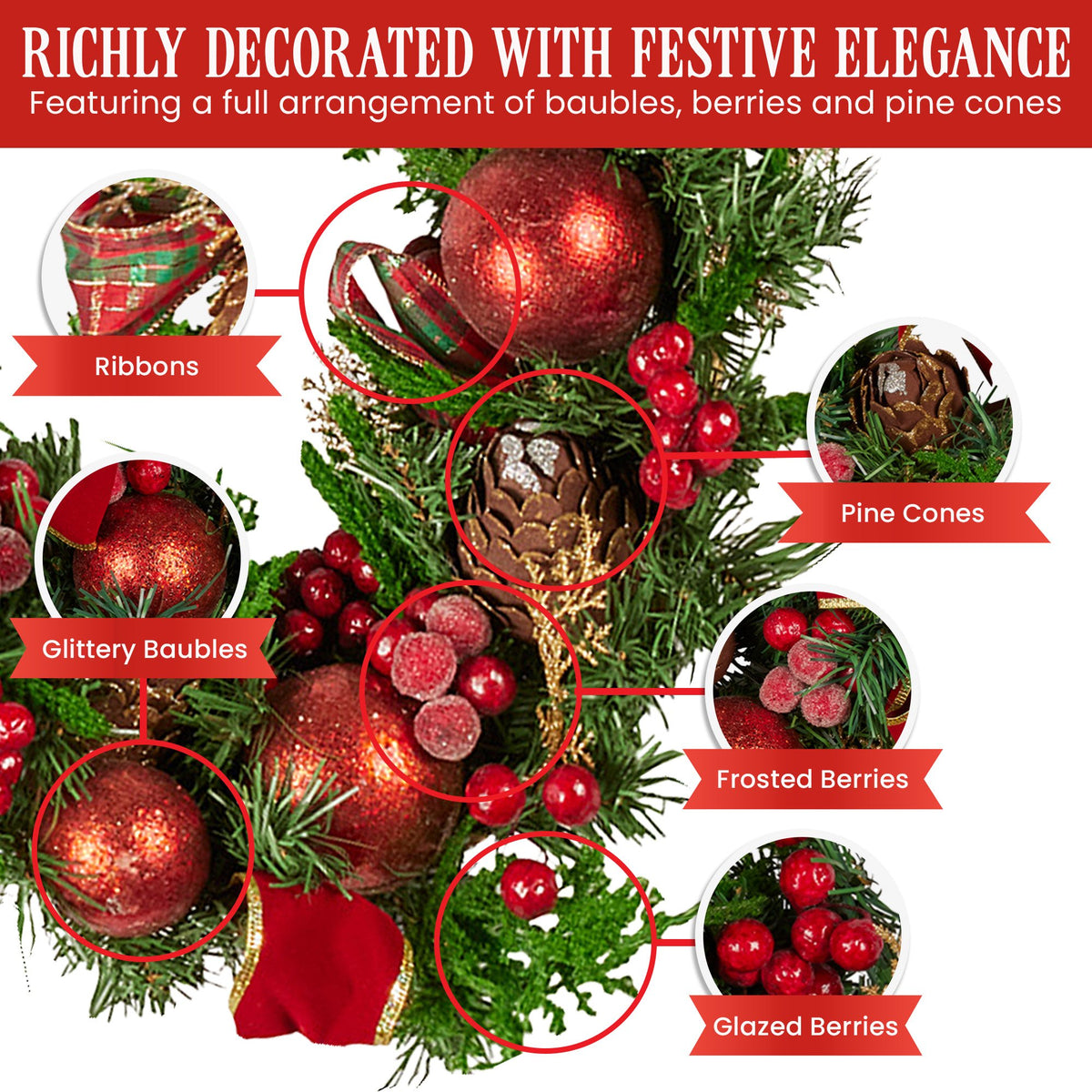 Christabelle 1.85m Christmas Garland with Red Berries Pine Cones Baubles Bows Tree Decoration Ornament V240-112_GUE511