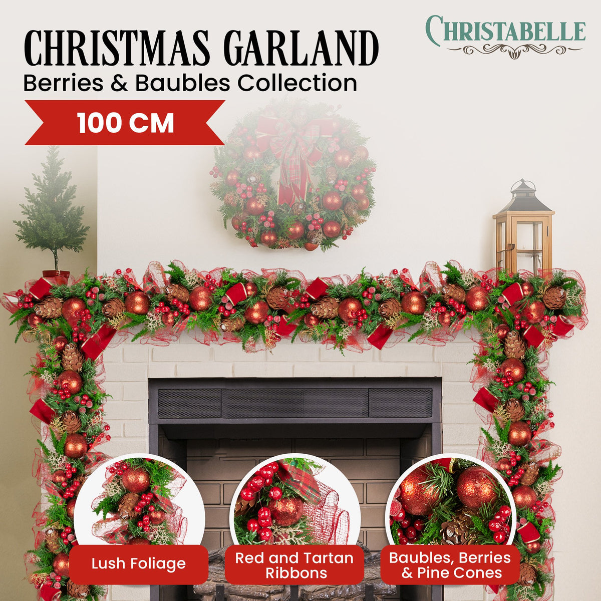 Christabelle 1m Christmas Garland with Red Berries & Pine Cones Baubles Berries Tree Decoration Ornament Red V240-112_GUE512