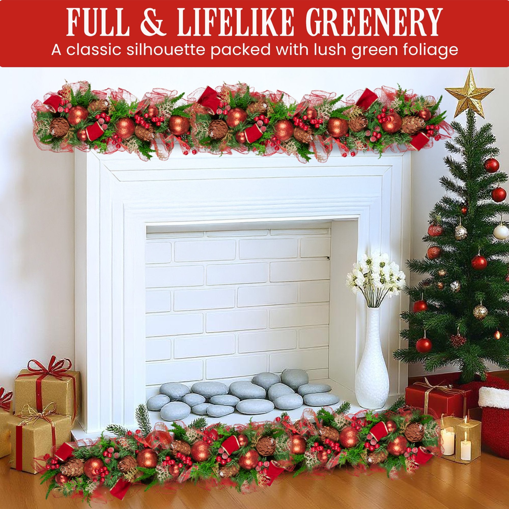 Christabelle 1m Christmas Garland with Red Berries & Pine Cones Baubles Berries Tree Decoration Ornament Red V240-112_GUE512