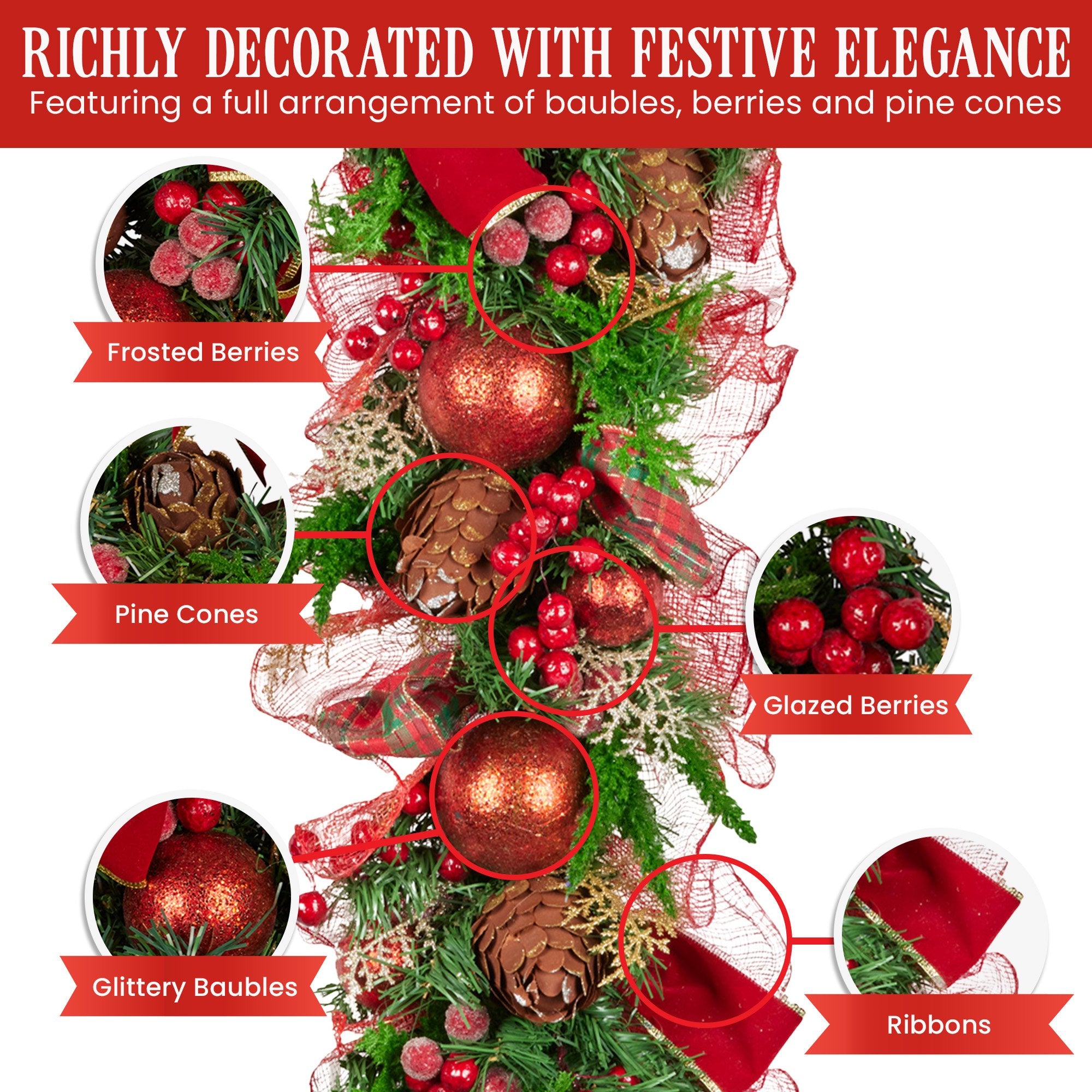 Christabelle 1m Christmas Garland with Red Berries & Pine Cones Baubles Berries Tree Decoration Ornament Red V240-112_GUE512