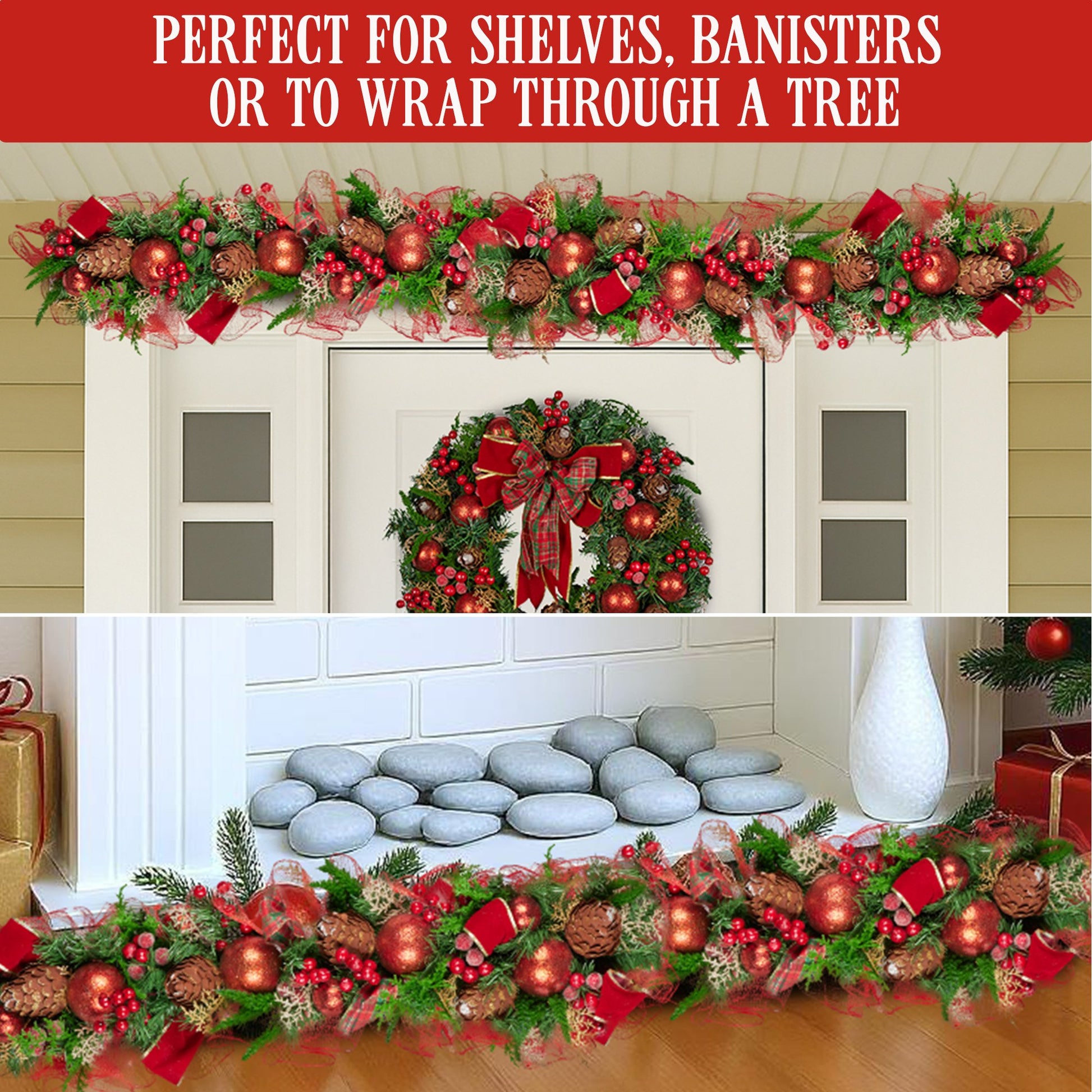 Christabelle 1m Christmas Garland with Red Berries & Pine Cones Baubles Berries Tree Decoration Ornament Red V240-112_GUE512