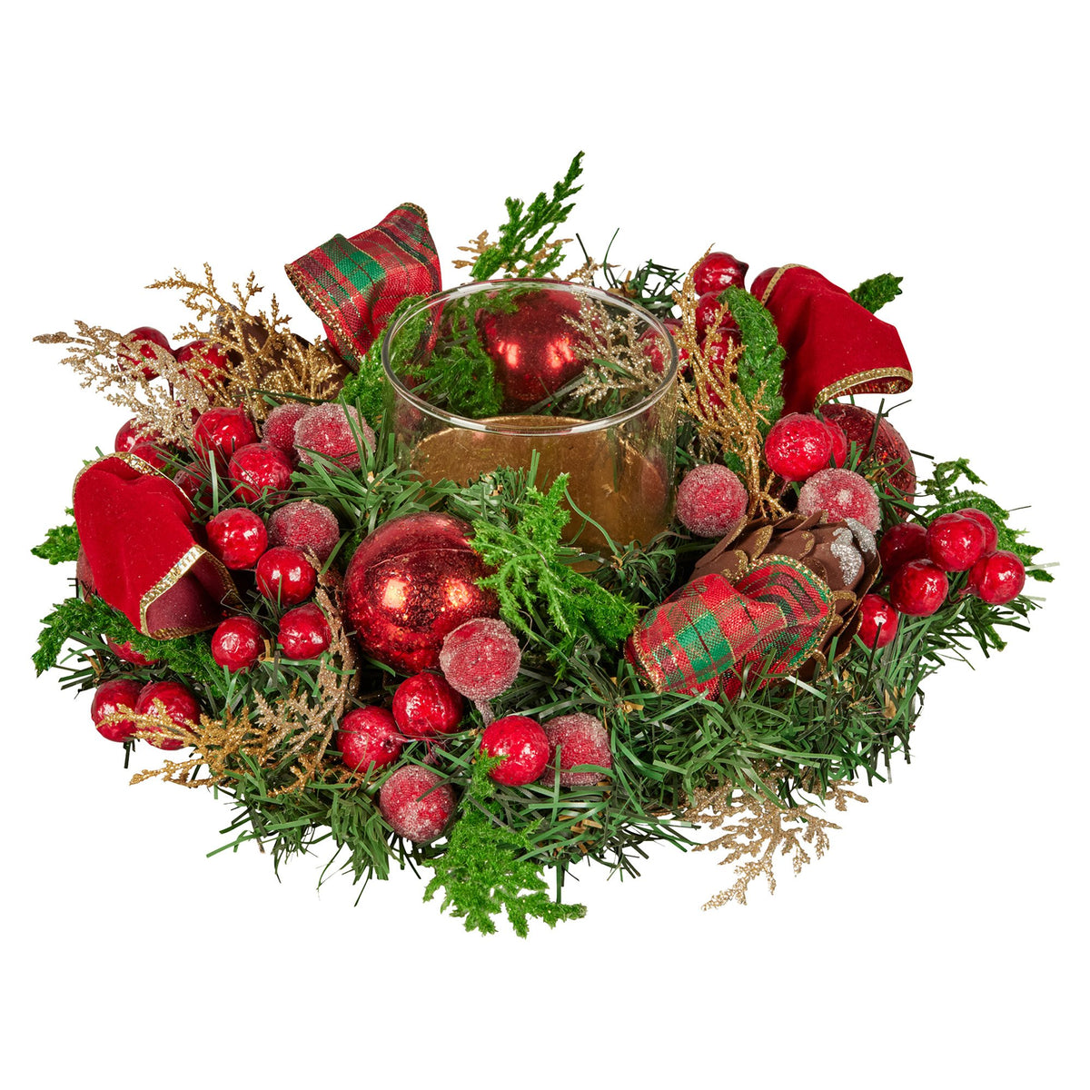 Christabelle 26cm Christmas Centrepiece Lush Green Holiday Display w/Red Berries & Hurricane Candle Holder V240-112_GUE513