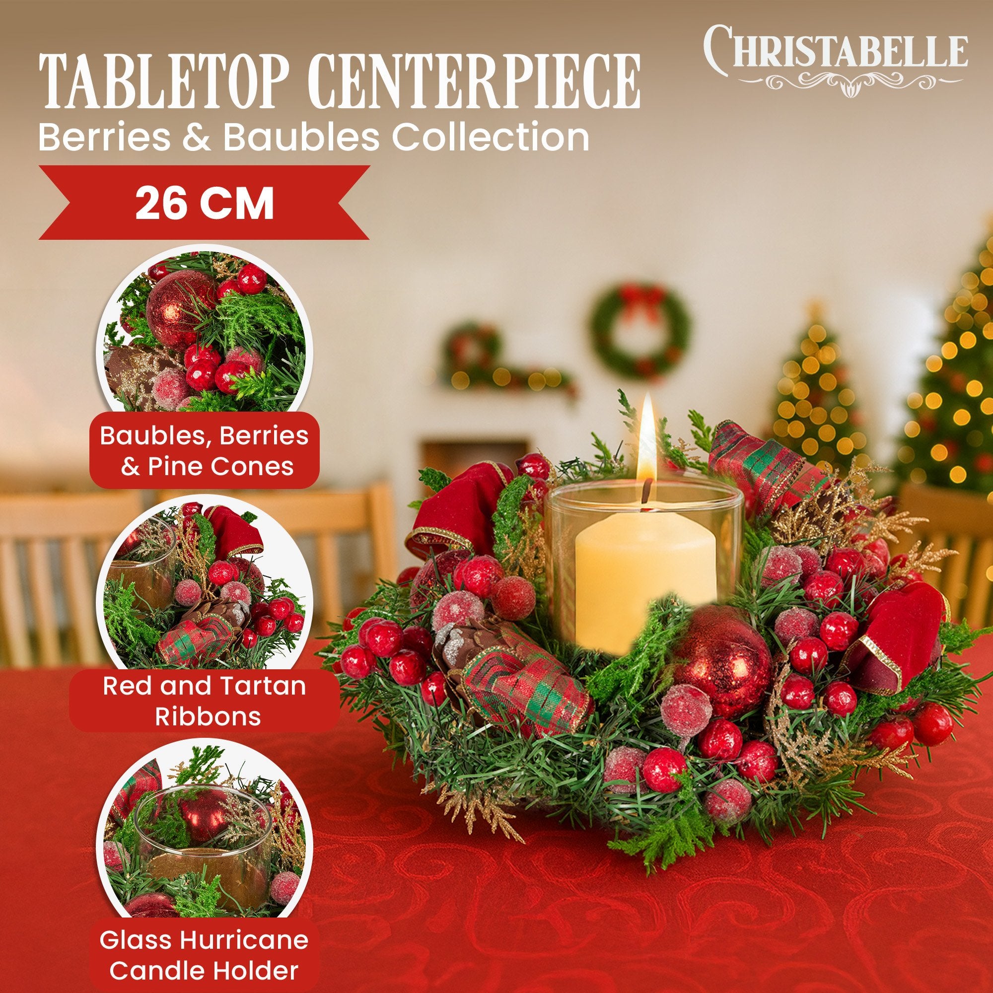 Christabelle 26cm Christmas Centrepiece Lush Green Holiday Display w/Red Berries & Hurricane Candle Holder V240-112_GUE513