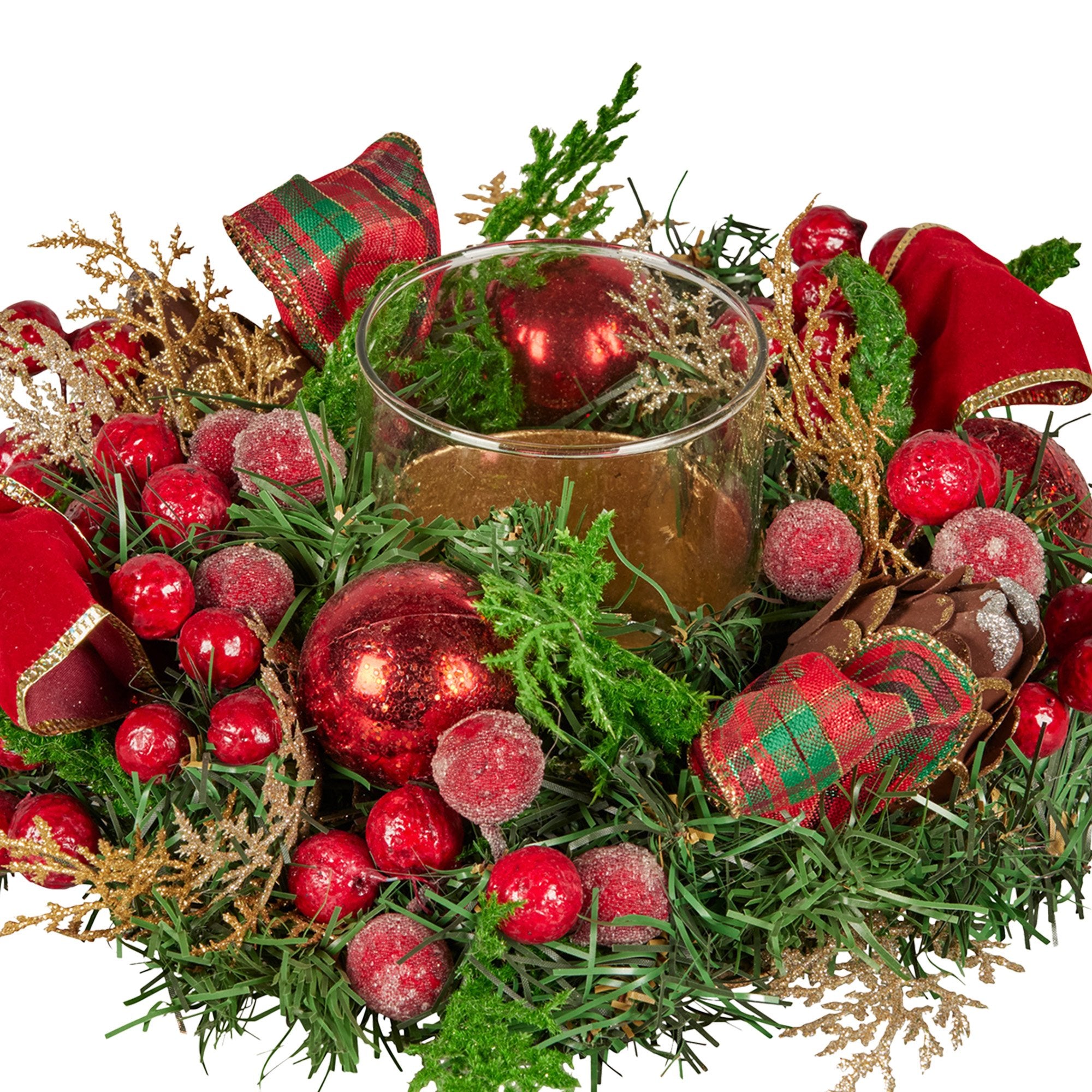 Christabelle 26cm Christmas Centrepiece Lush Green Holiday Display w/Red Berries & Hurricane Candle Holder V240-112_GUE513