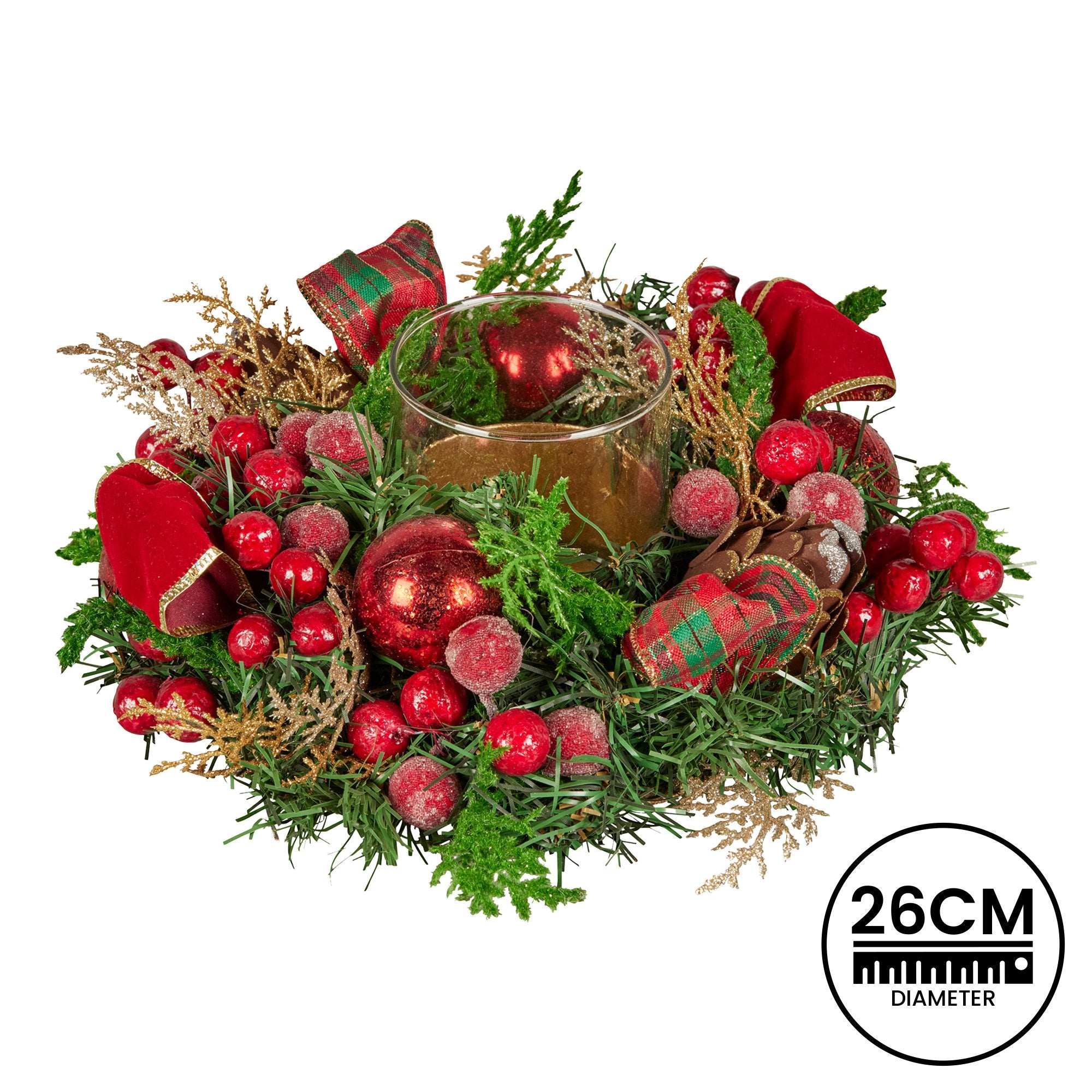 Christabelle 26cm Christmas Centrepiece Lush Green Holiday Display w/Red Berries & Hurricane Candle Holder V240-112_GUE513