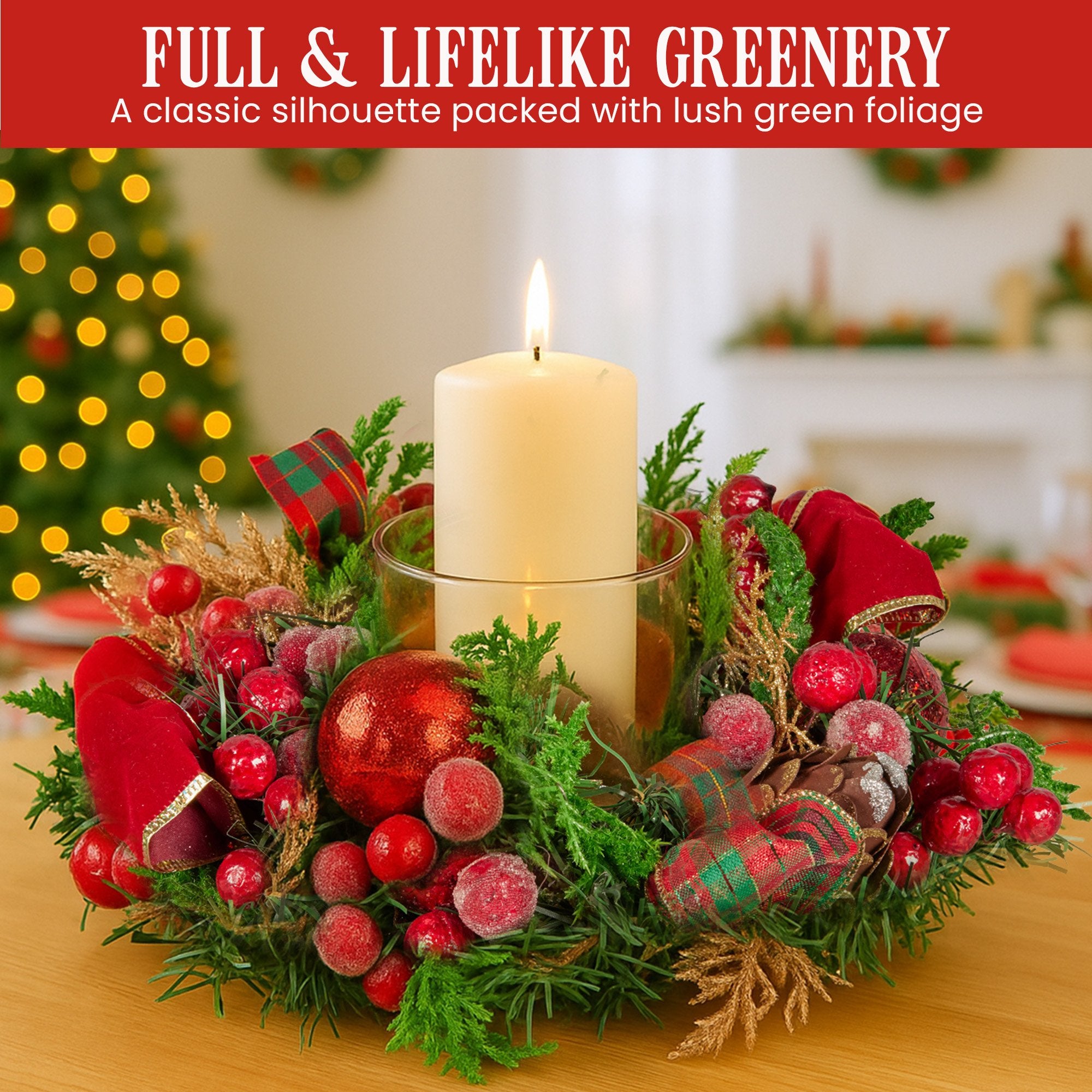 Christabelle 26cm Christmas Centrepiece Lush Green Holiday Display w/Red Berries & Hurricane Candle Holder V240-112_GUE513
