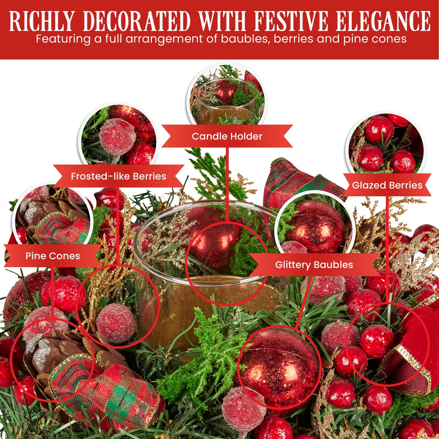 Christabelle 26cm Christmas Centrepiece Lush Green Holiday Display w/Red Berries & Hurricane Candle Holder V240-112_GUE513