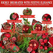 Christabelle 26cm Christmas Centrepiece Lush Green Holiday Display w/Red Berries & Hurricane Candle Holder V240-112_GUE513