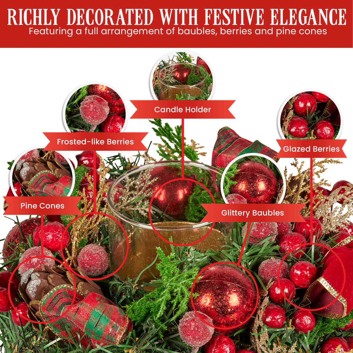 Christabelle 26cm Christmas Centrepiece Lush Green Holiday Display w/Red Berries & Hurricane Candle Holder V240-112_GUE513
