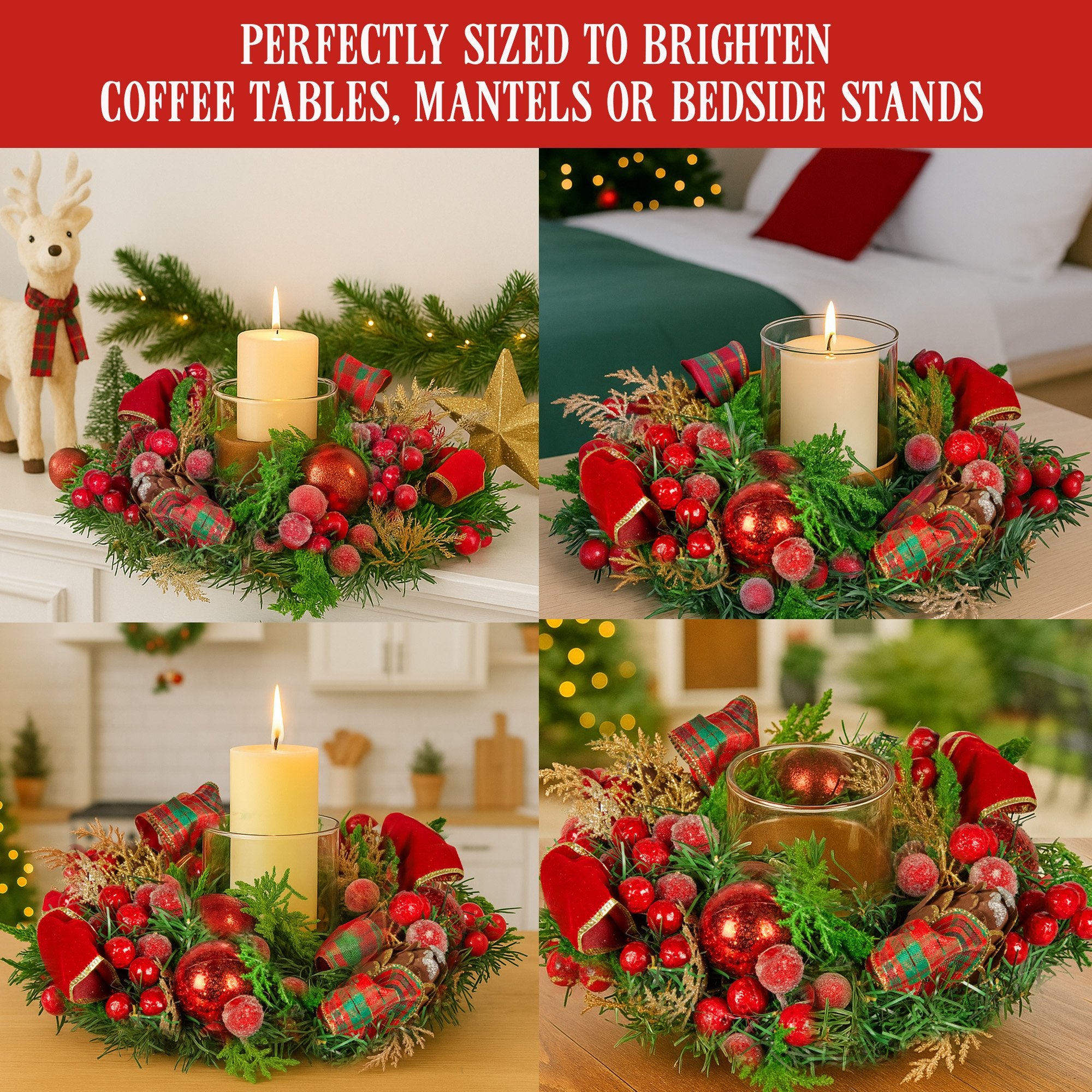 Christabelle 26cm Christmas Centrepiece Lush Green Holiday Display w/Red Berries & Hurricane Candle Holder V240-112_GUE513