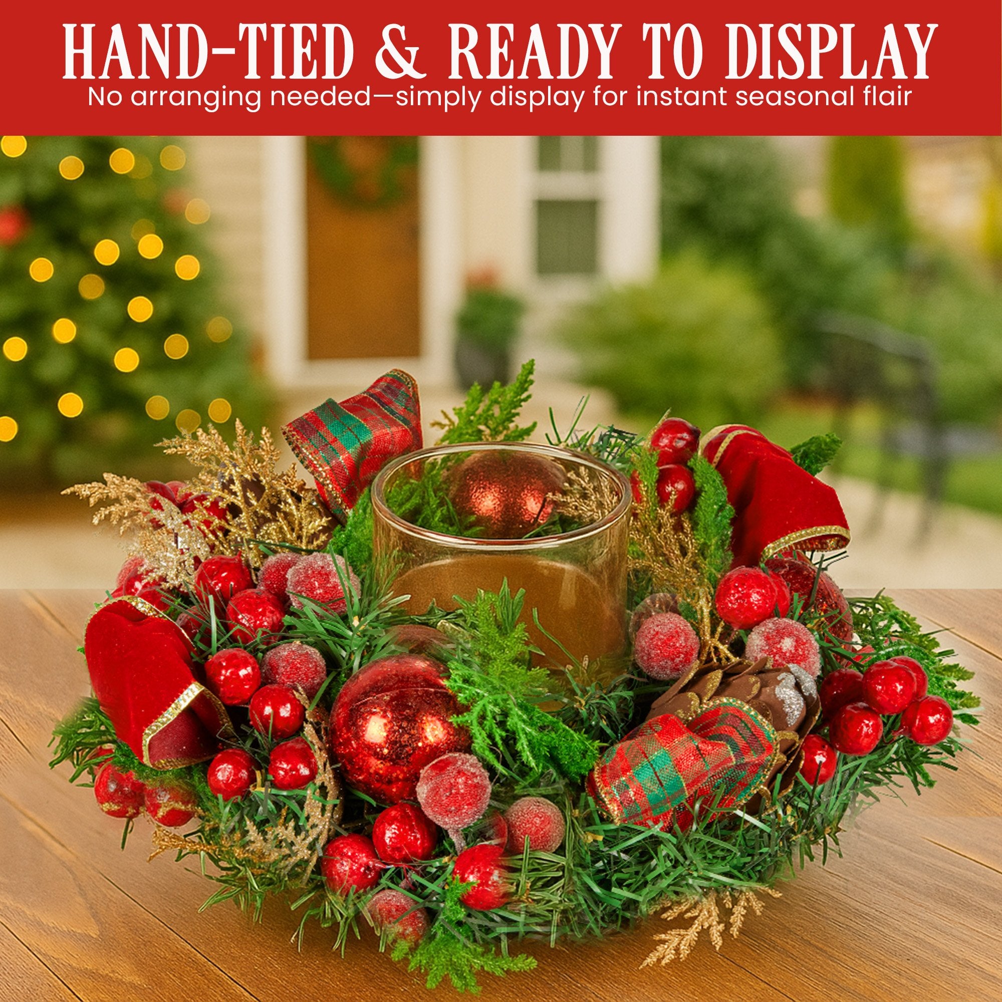 Christabelle 26cm Christmas Centrepiece Lush Green Holiday Display w/Red Berries & Hurricane Candle Holder V240-112_GUE513