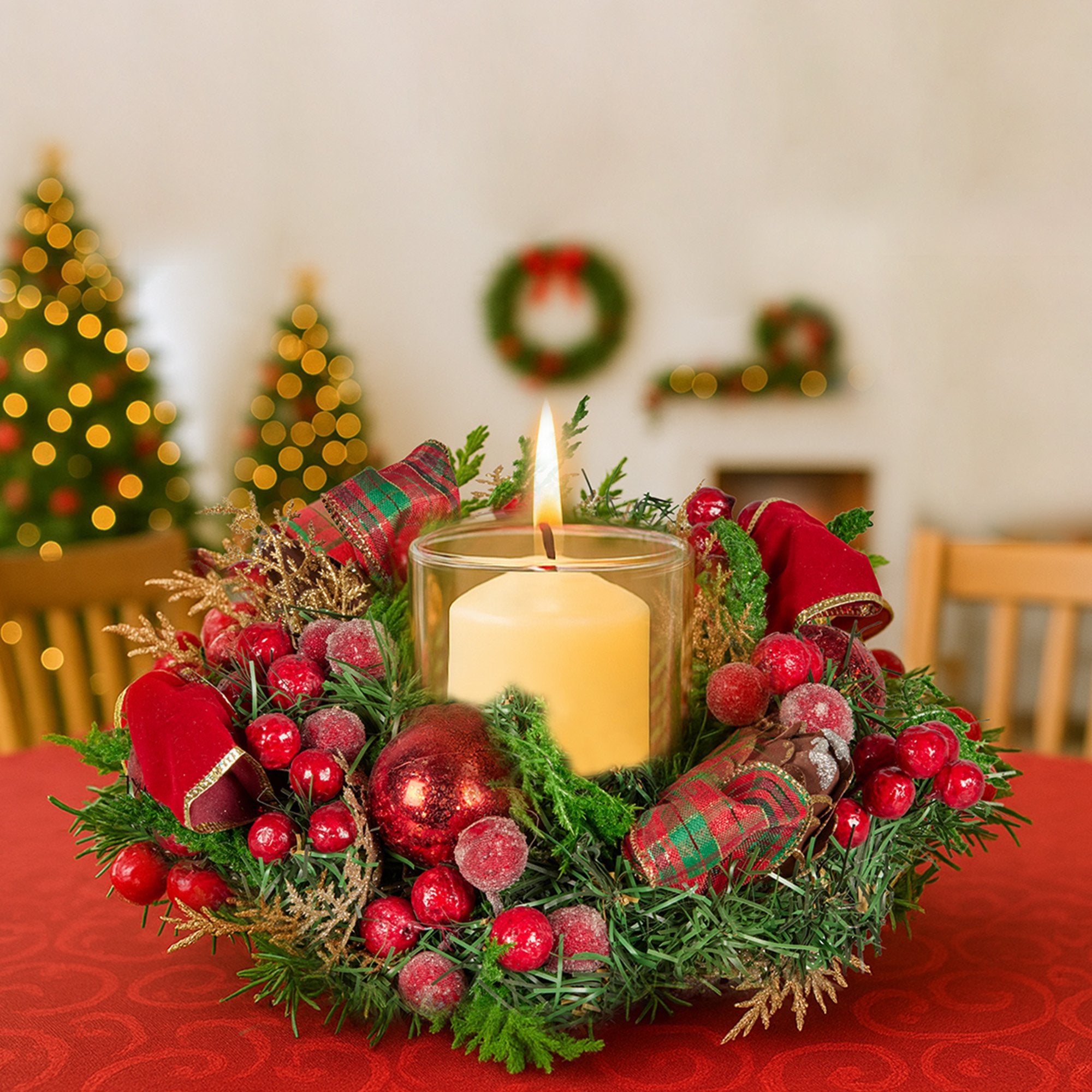Christabelle 26cm Christmas Centrepiece Lush Green Holiday Display w/Red Berries & Hurricane Candle Holder V240-112_GUE513