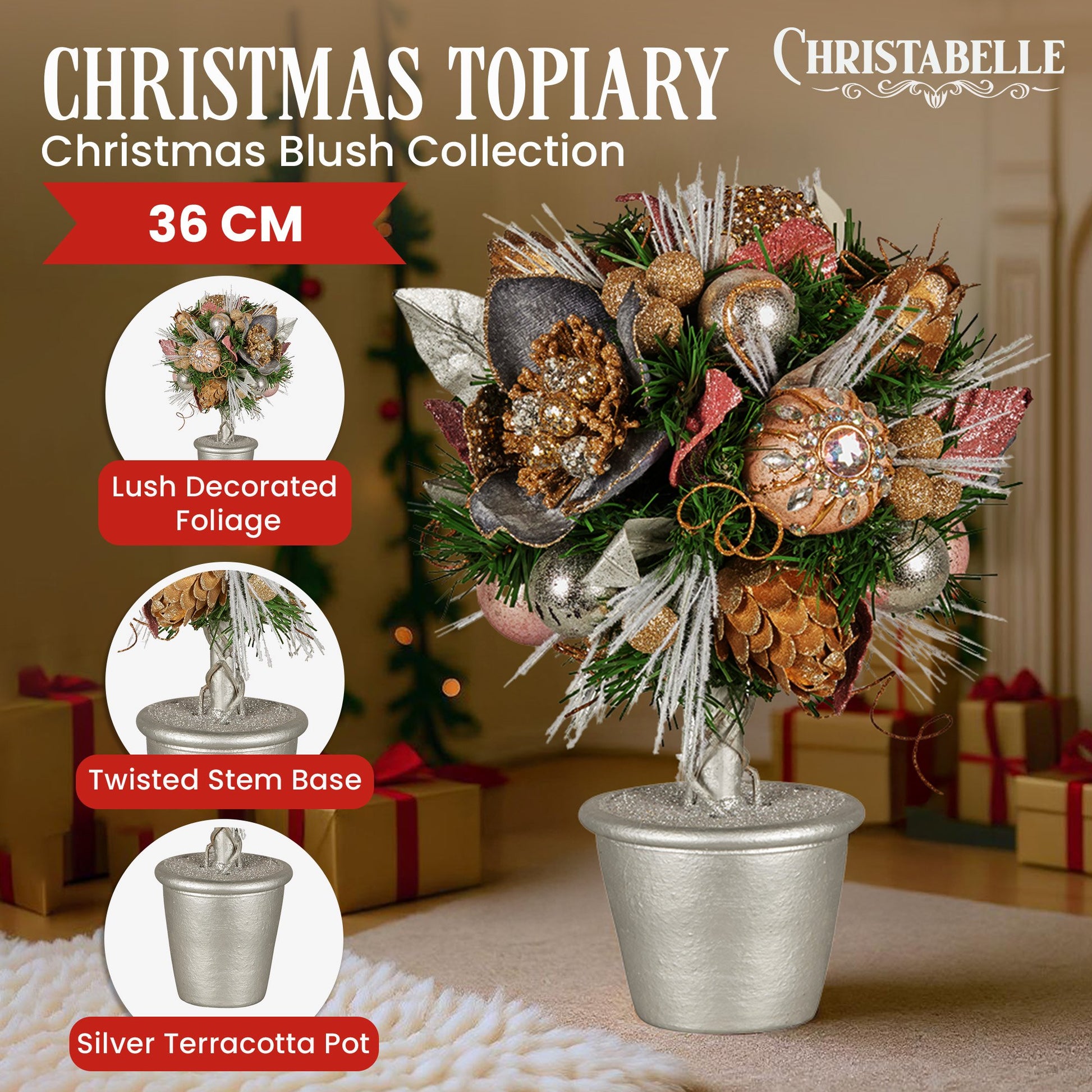 Christabelle 36cm Christmas Tabletop Topiary Tree Jewelled Baubles, Berries, Flowers and Pine Cones Festive V240-112_GUE518