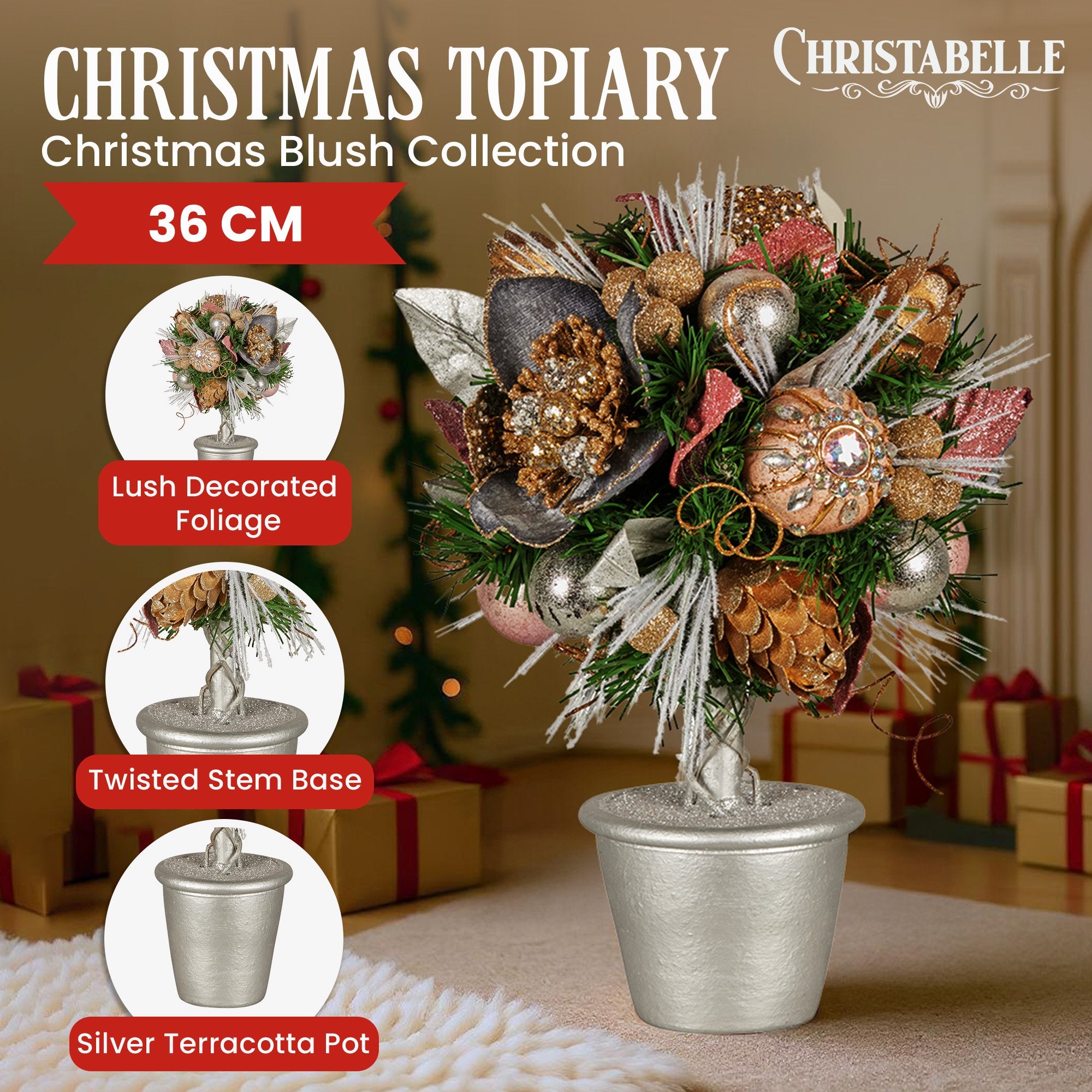 Christabelle 36cm Christmas Tabletop Topiary Tree Jewelled Baubles, Berries, Flowers and Pine Cones Festive V240-112_GUE518