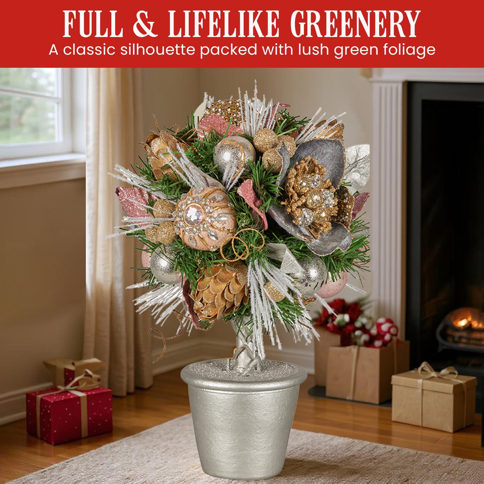 Christabelle 36cm Christmas Tabletop Topiary Tree Jewelled Baubles, Berries, Flowers and Pine Cones Festive V240-112_GUE518