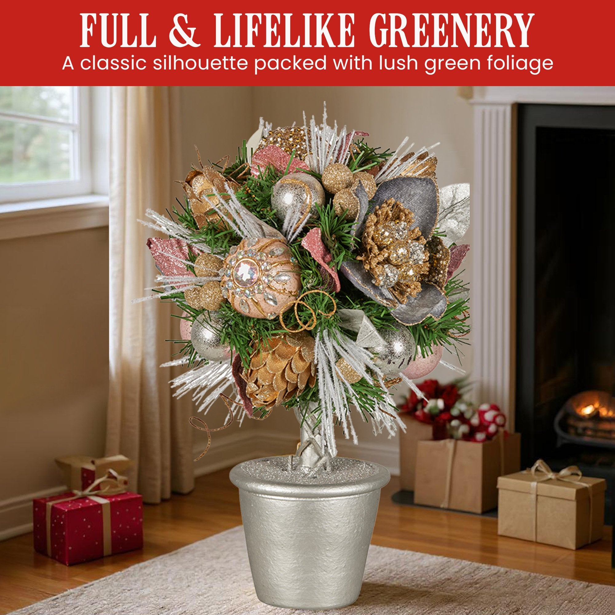 Christabelle 36cm Christmas Tabletop Topiary Tree Jewelled Baubles, Berries, Flowers and Pine Cones Festive V240-112_GUE518