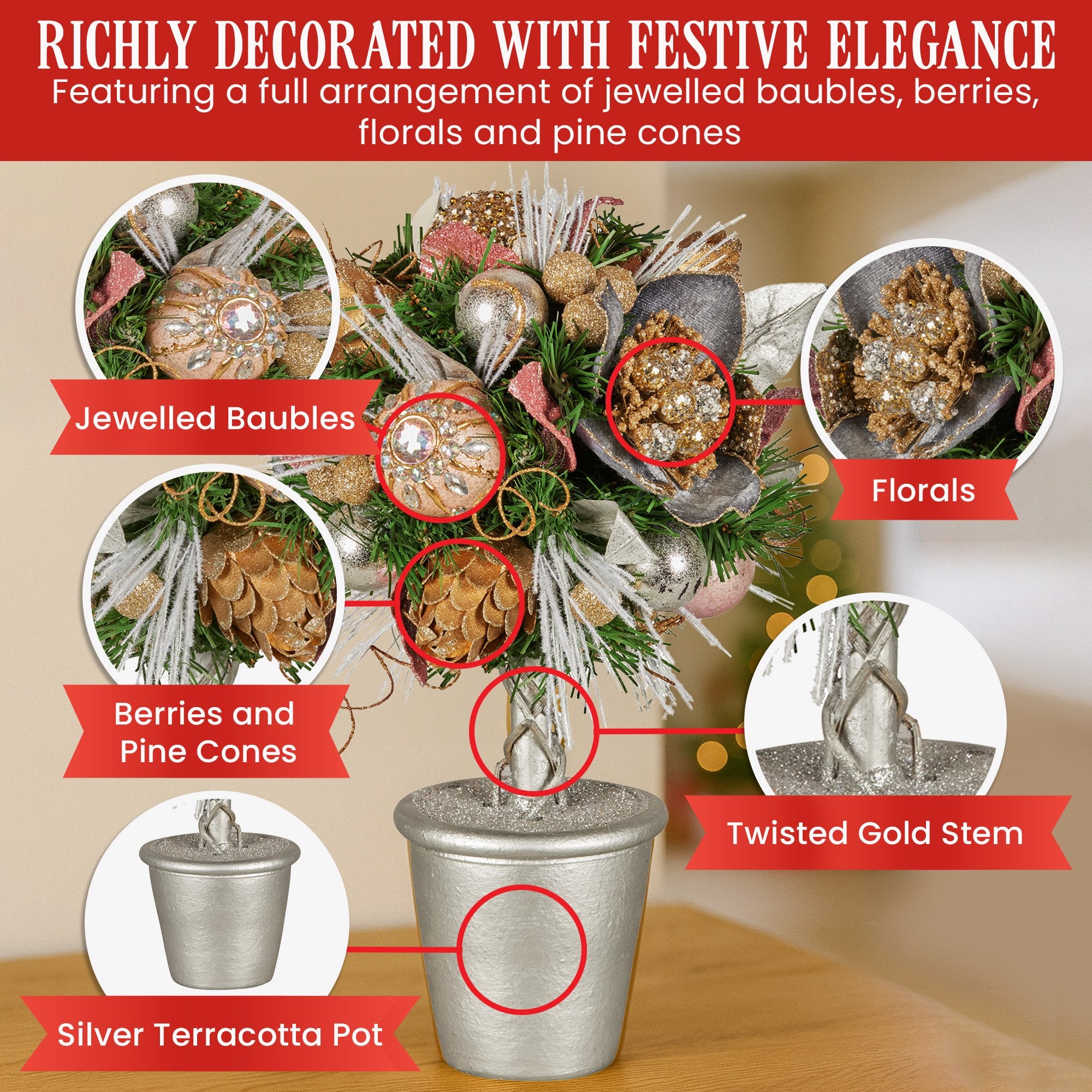 Christabelle 36cm Christmas Tabletop Topiary Tree Jewelled Baubles, Berries, Flowers and Pine Cones Festive V240-112_GUE518