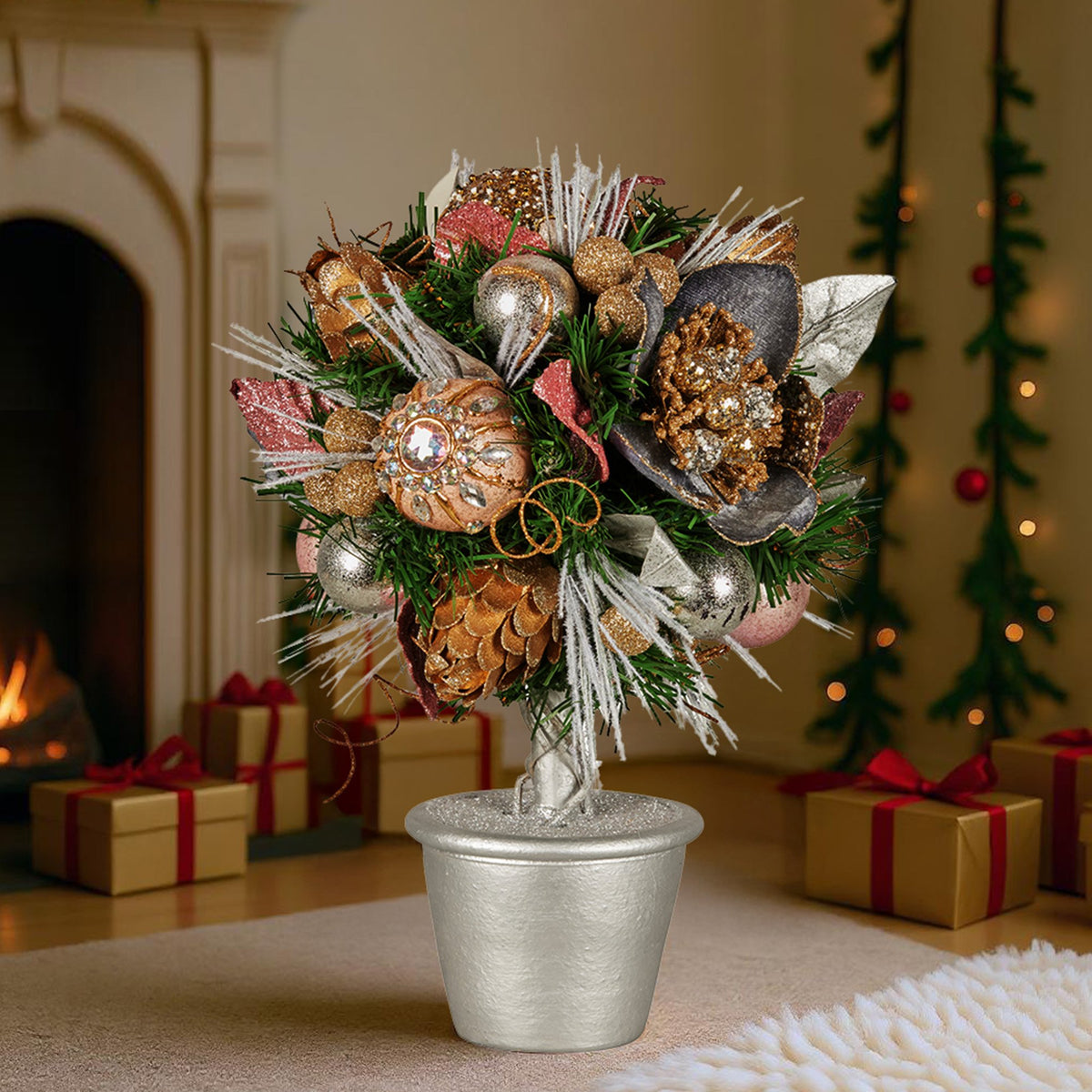 Christabelle 36cm Christmas Tabletop Topiary Tree Jewelled Baubles, Berries, Flowers and Pine Cones Festive V240-112_GUE518