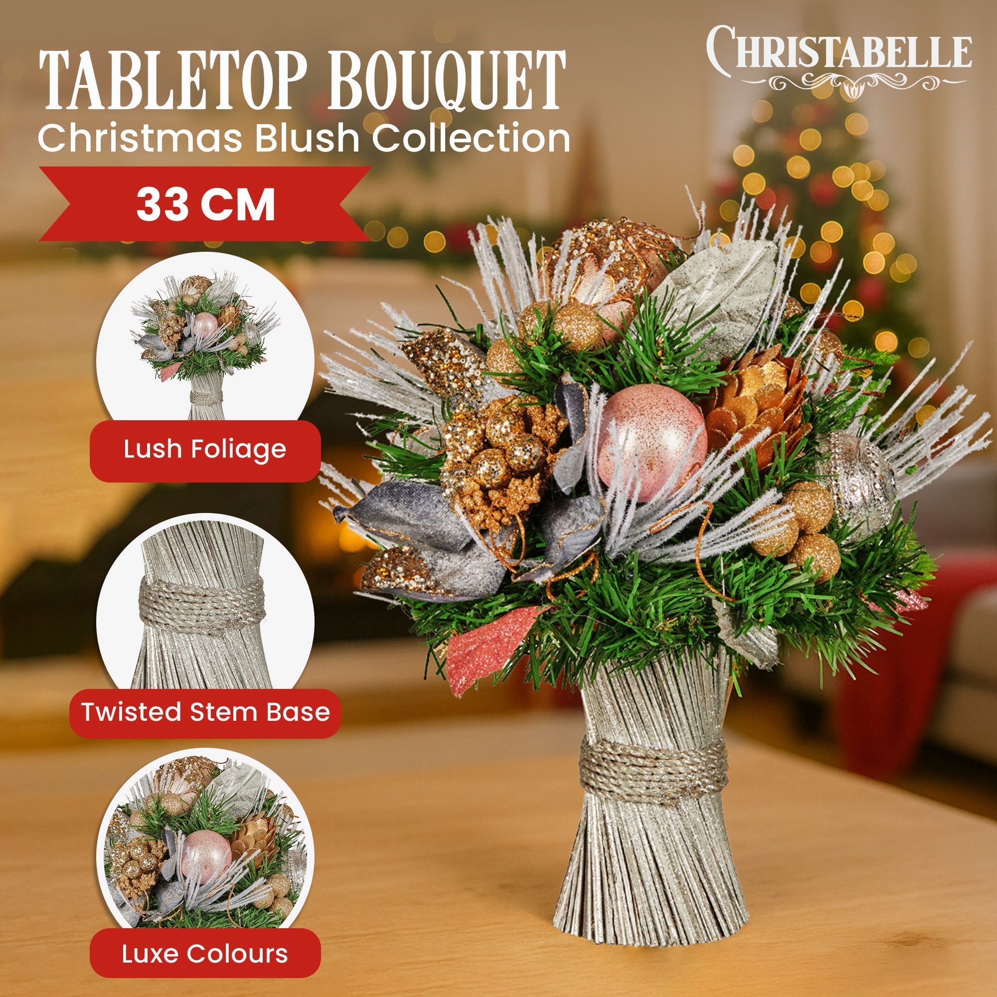 Christabelle 33cm Christmas Bouquet Pre Decorated Holiday Floral Arrangement w/Jewelled Baubles, Berries, V240-112_GUE521